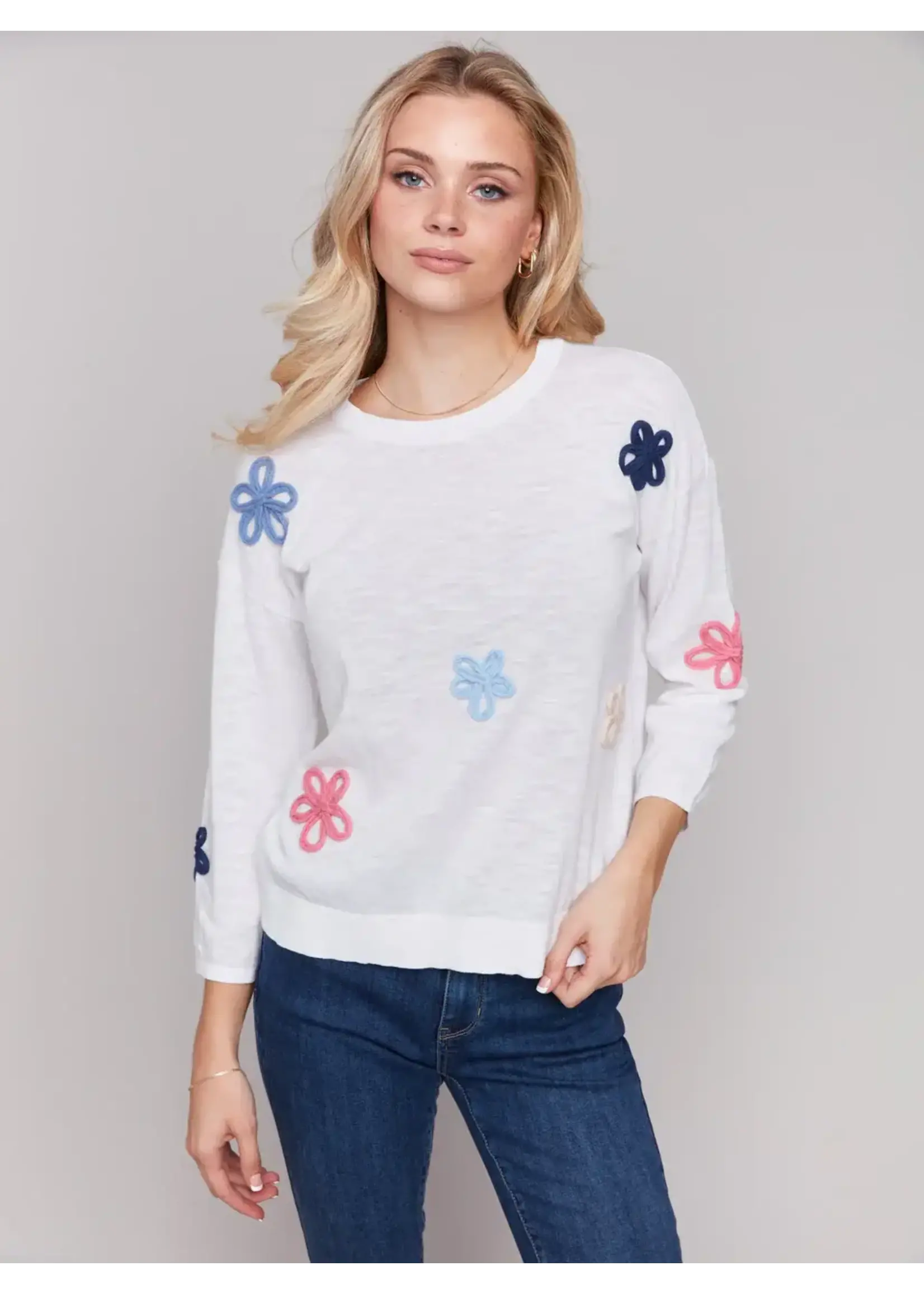 Charlie B Crew Neck Sweater w/Daisies