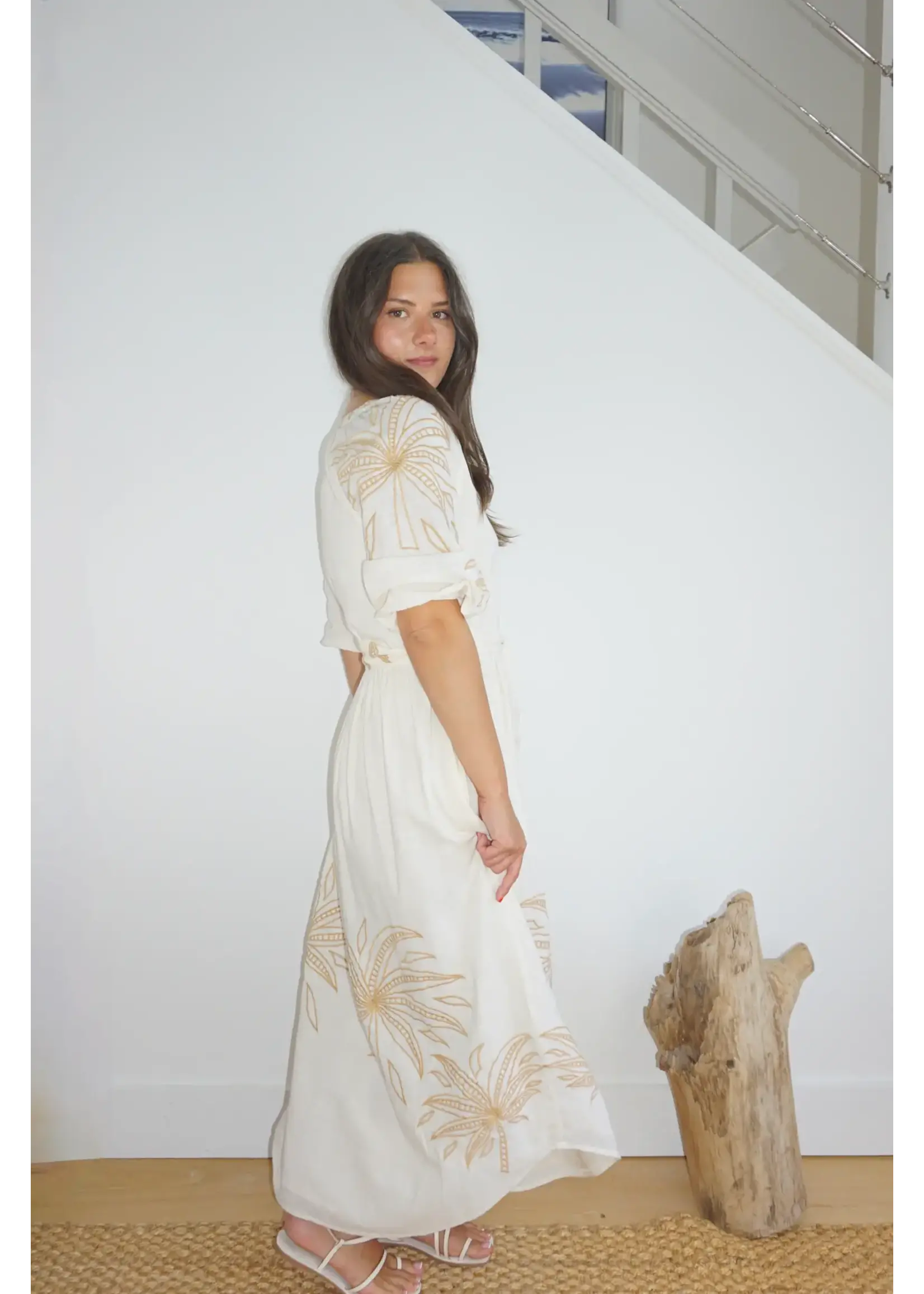 NIBI Frankie Dress (Cream Abstract Palms)