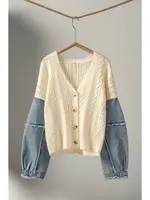 Urban Daizy Denim Sleeve Knit Cardigan (Ivory) MED/LGE