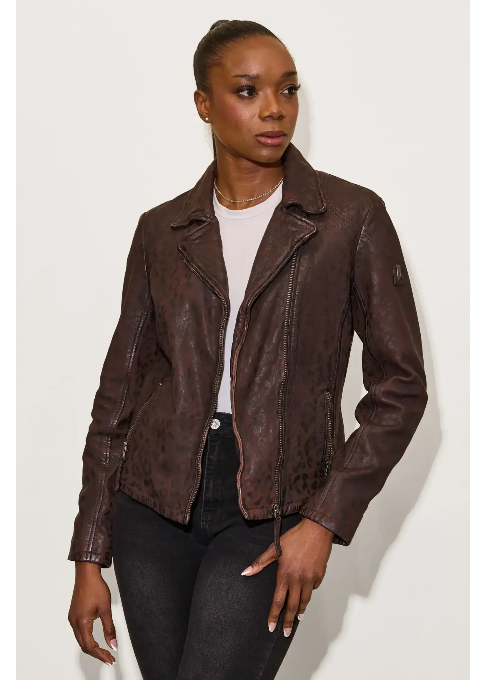 Mauritius Meeow Leopard Print Leather Jacket (Brown)