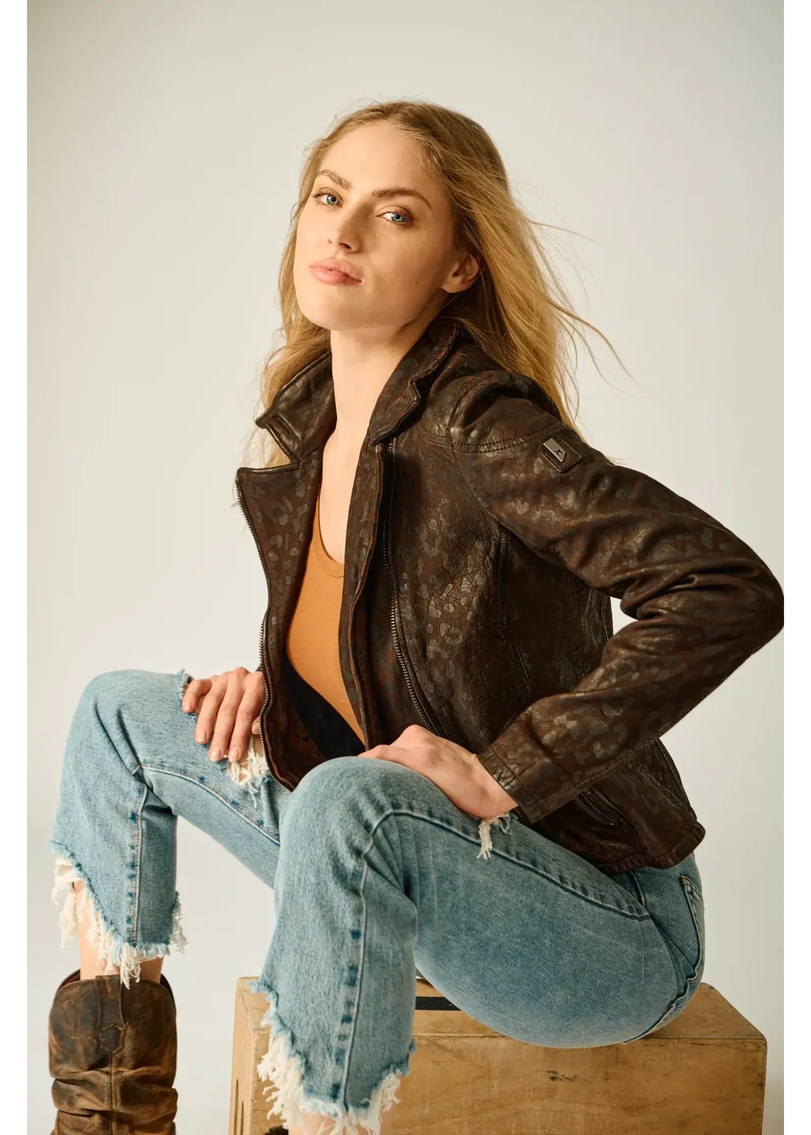 Mauritius Meeow Leopard Print Leather Jacket (Brown)