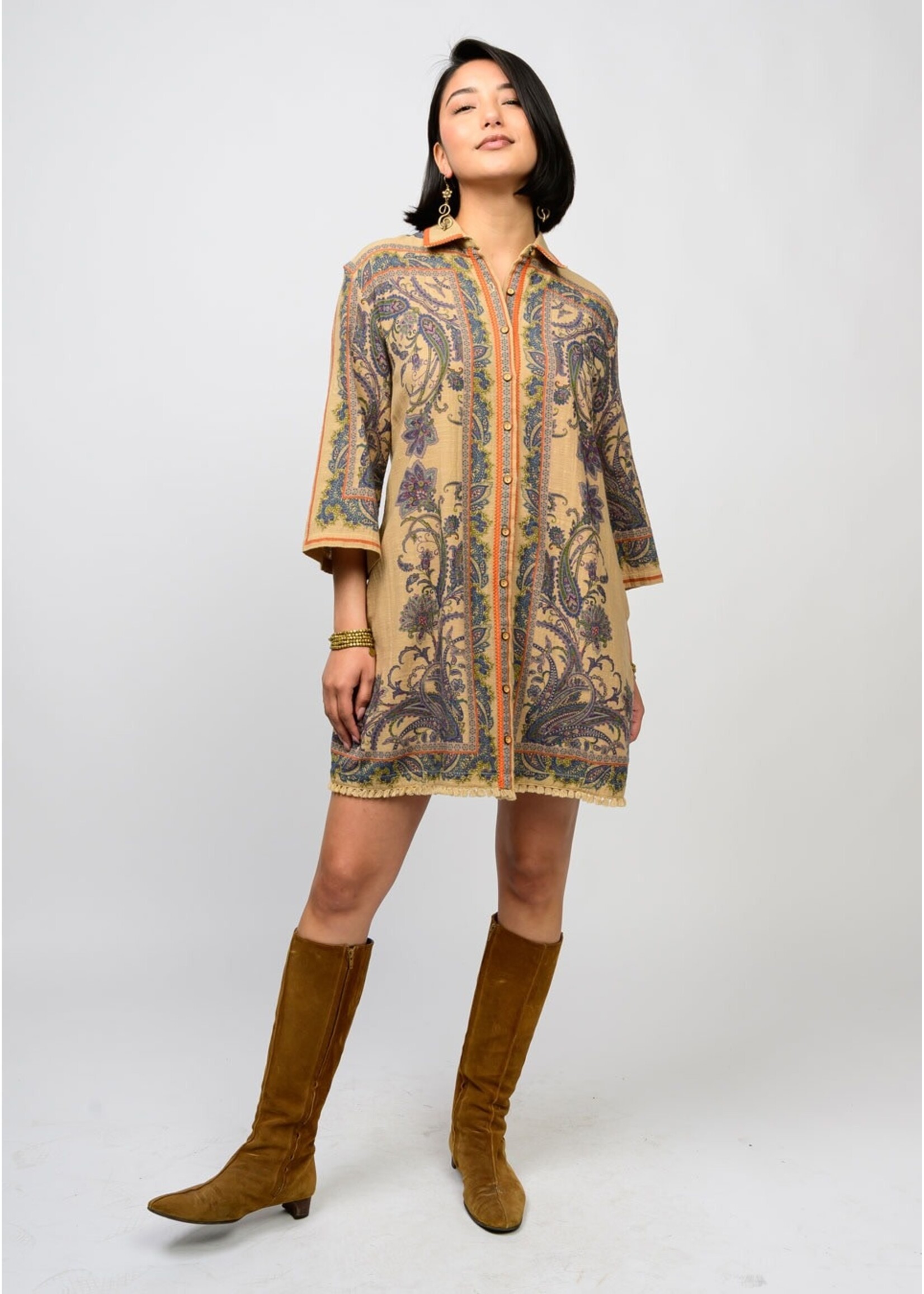 Uncle Frank Paisley Border Shirtdress (Camel)