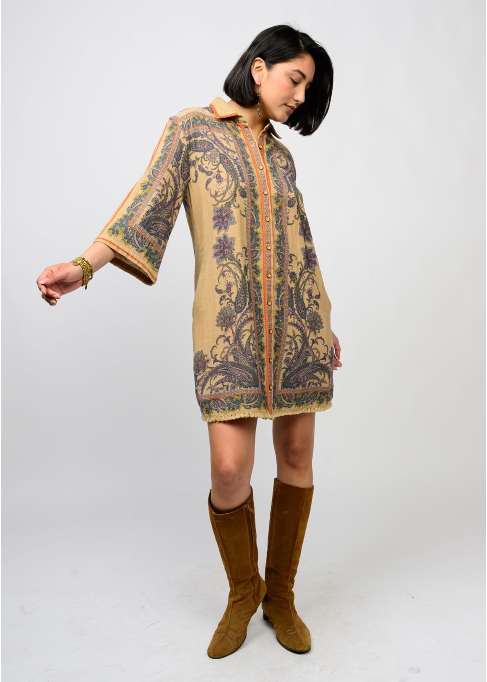 Uncle Frank Paisley Border Shirtdress (Camel)