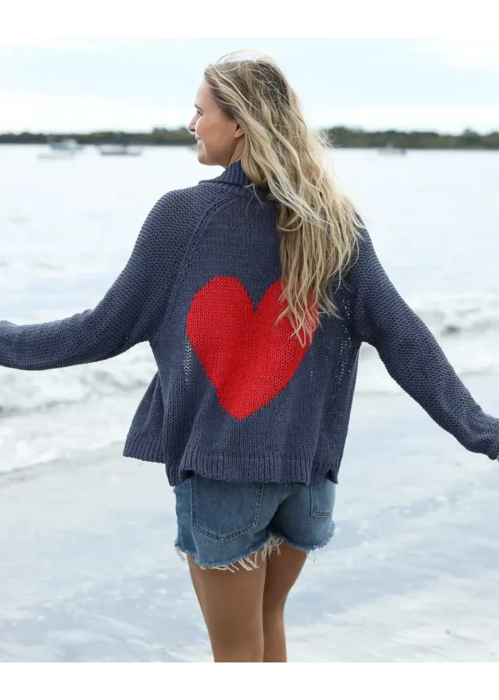Wooden Ships Heart Back Chunky Cardi (Indigo Coast Heather/Apple Red)