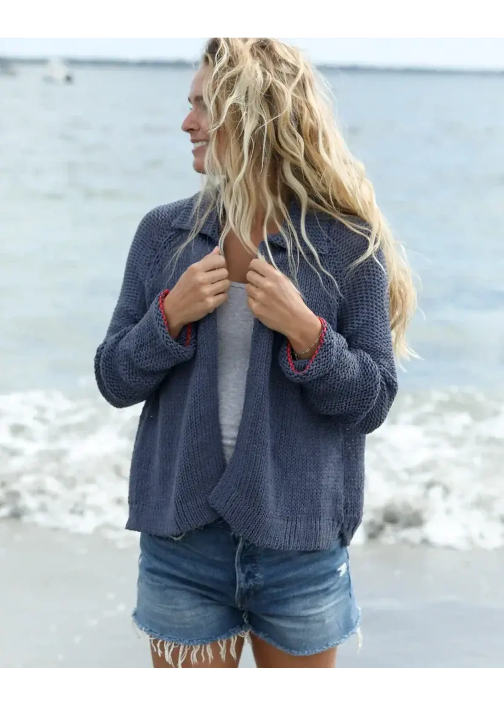 Wooden Ships Heart Back Chunky Cardi (Indigo Coast Heather/Apple Red)