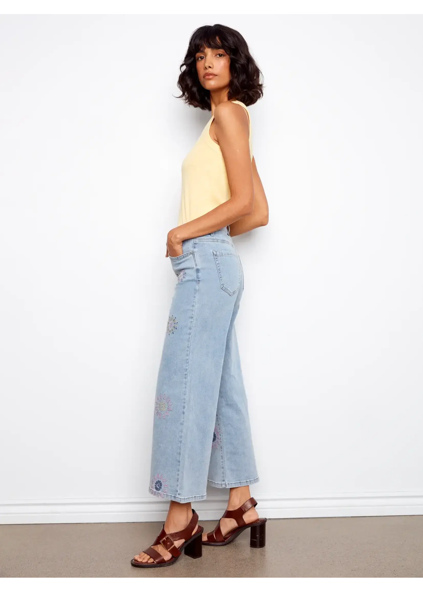 Charlie B Wide Leg Jean W/Flower Emb