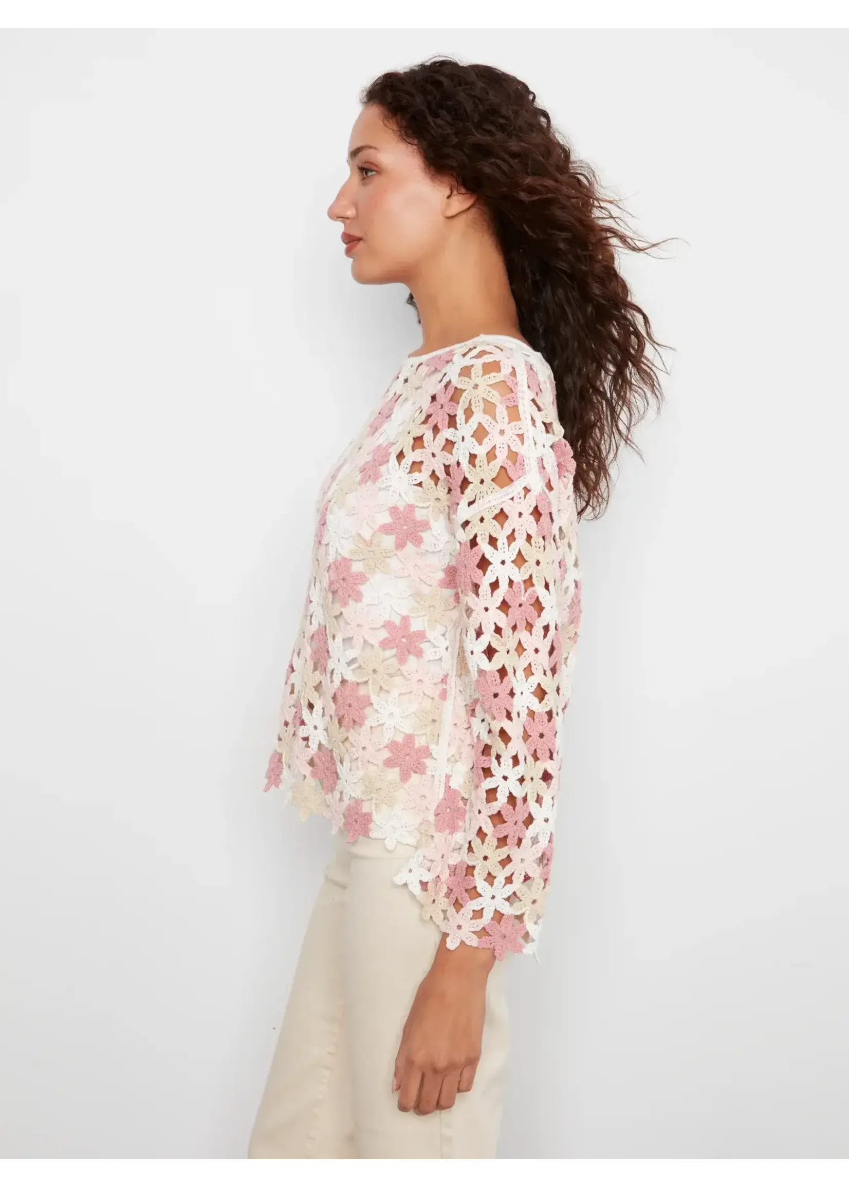 Charlie B 3/4 Sleeve Crochet Flower Top (Carnation)
