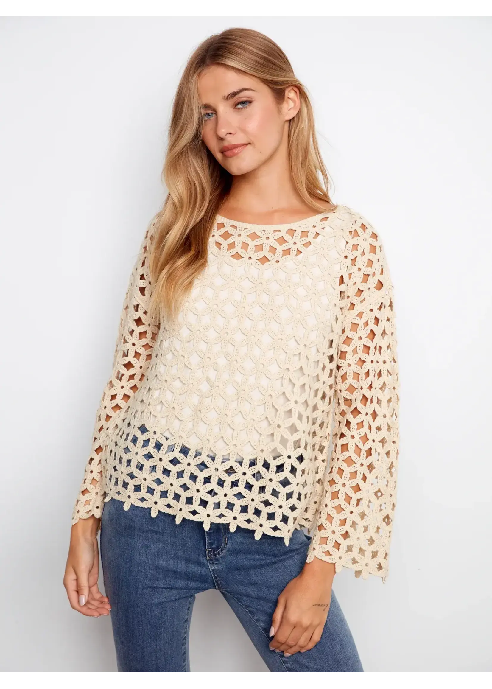 Charlie B 3/4 Sleeve Crochet Flower Top (Natural)