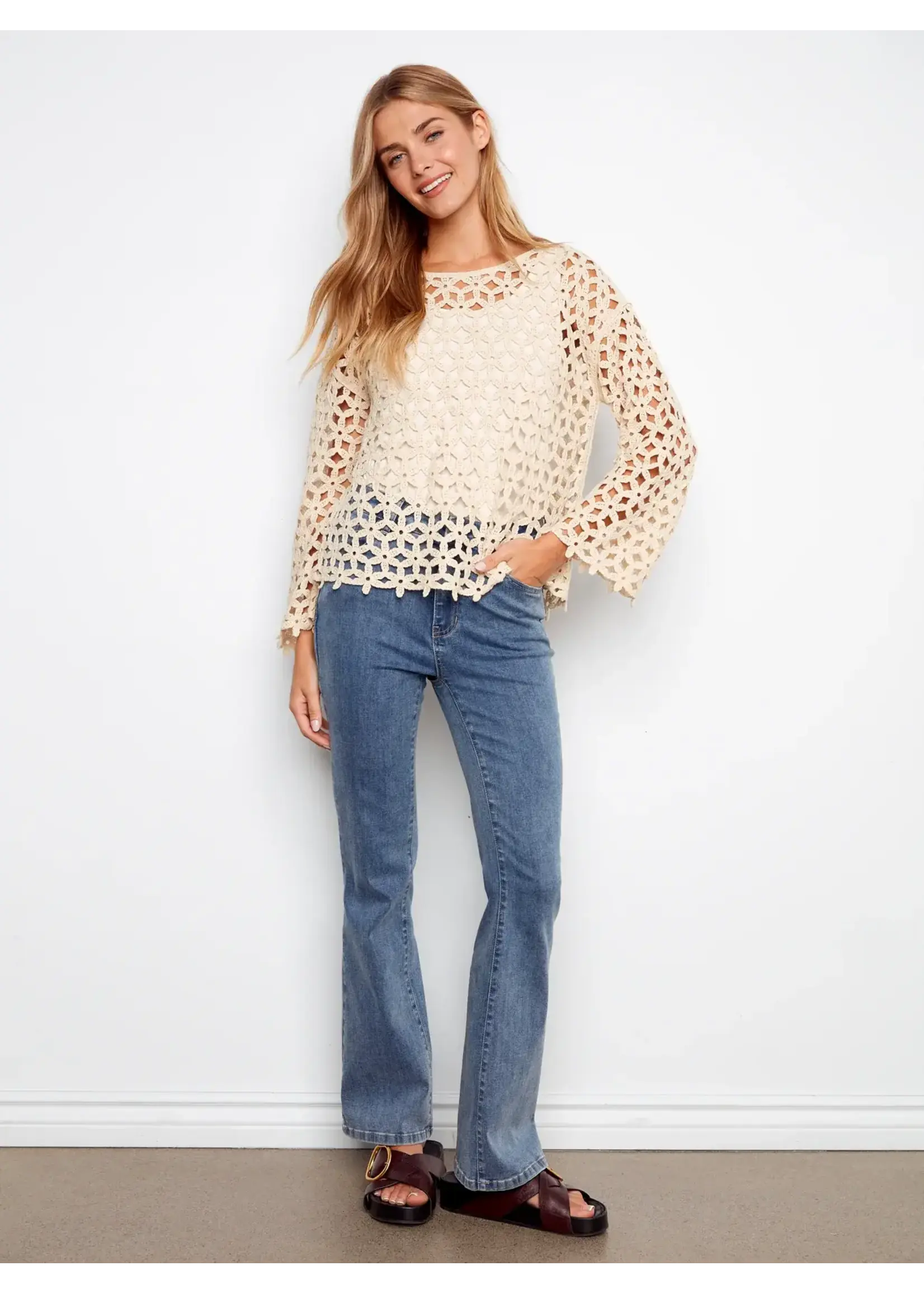 Charlie B 3/4 Sleeve Crochet Flower Top (Natural)