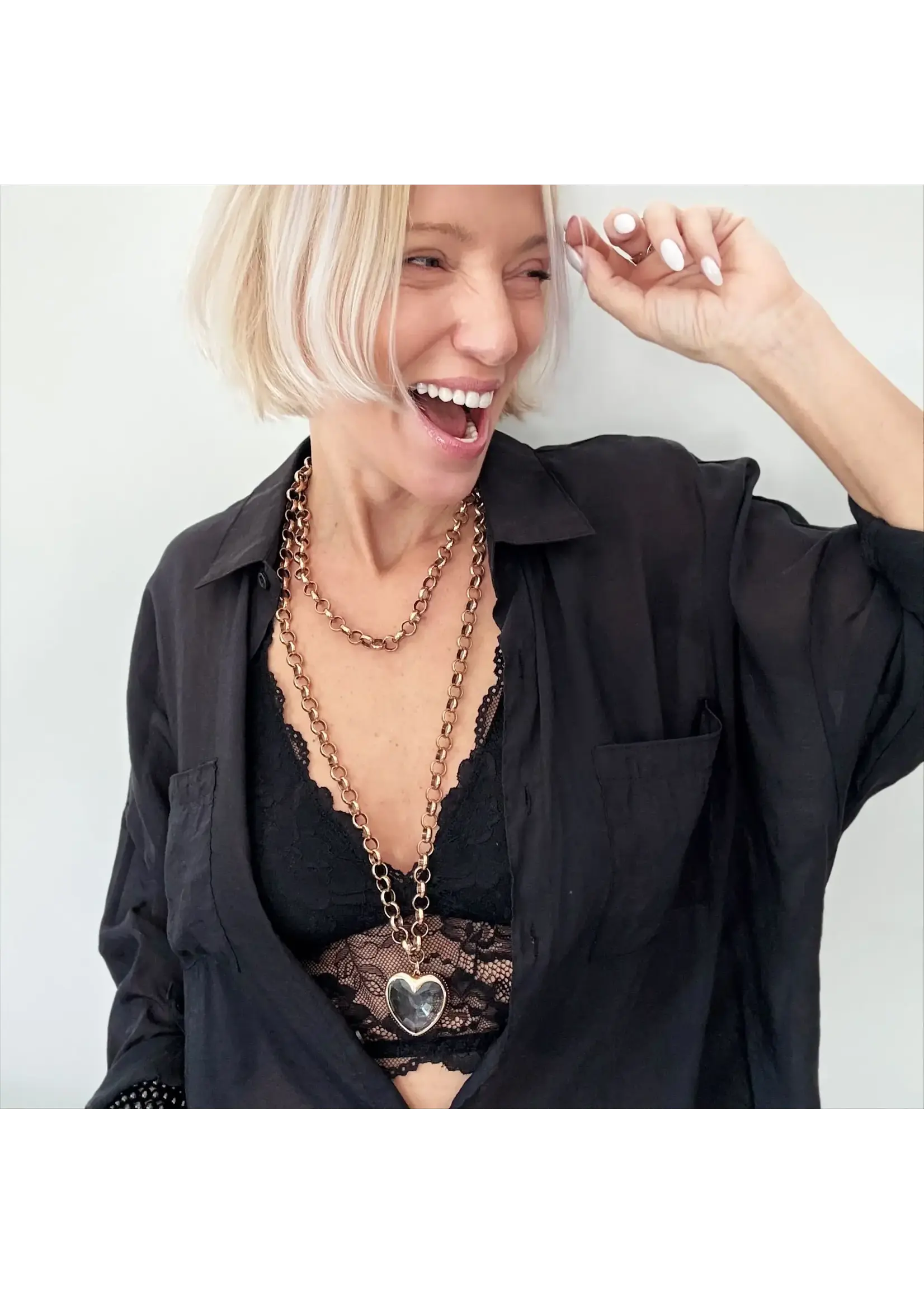 Katia Designs Crystal Heart Chunky Chain Layering Necklace (Antique Gold)