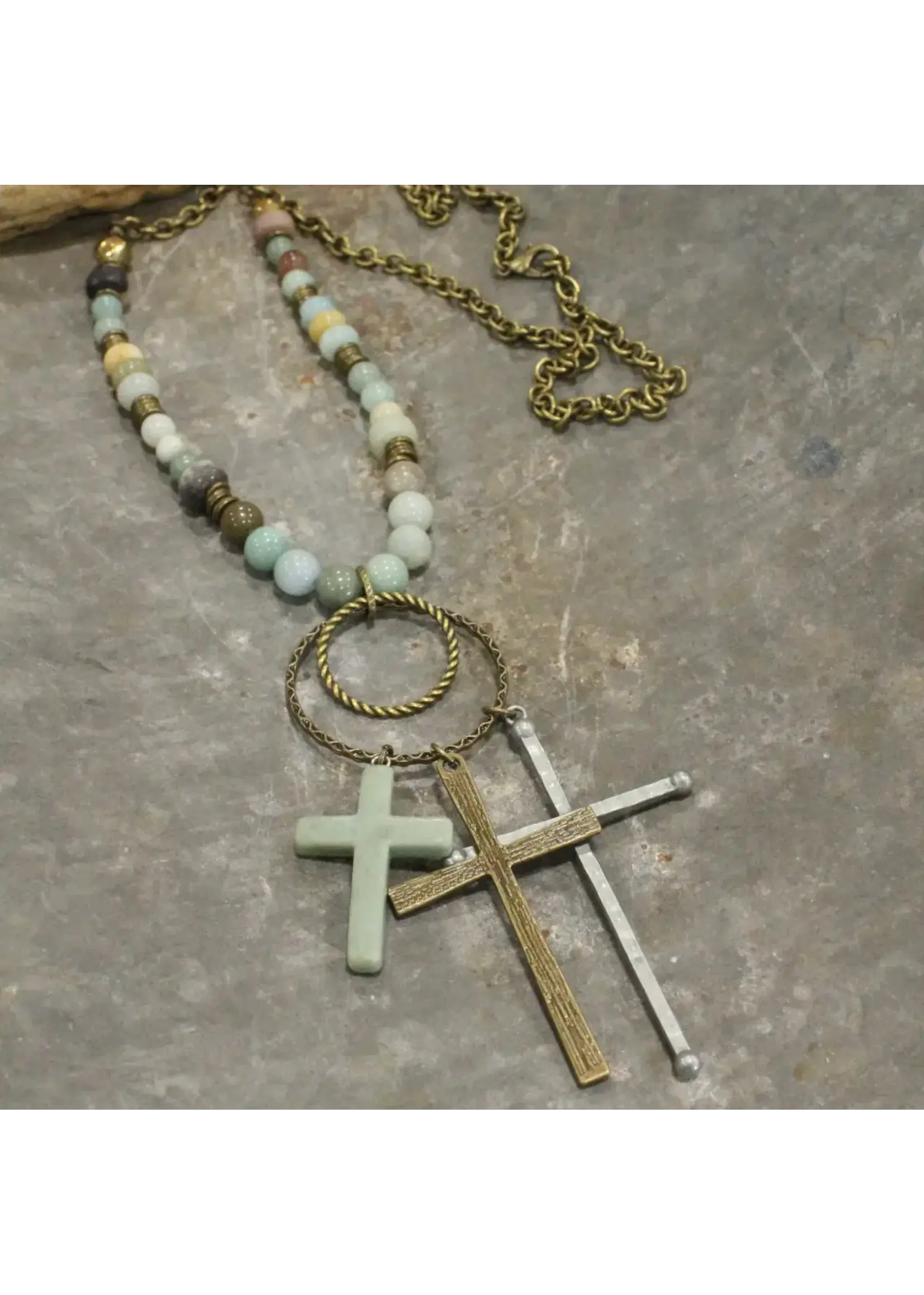 Primitive Peddler Bohemian Cross & Mixed Mint Stone Necklace