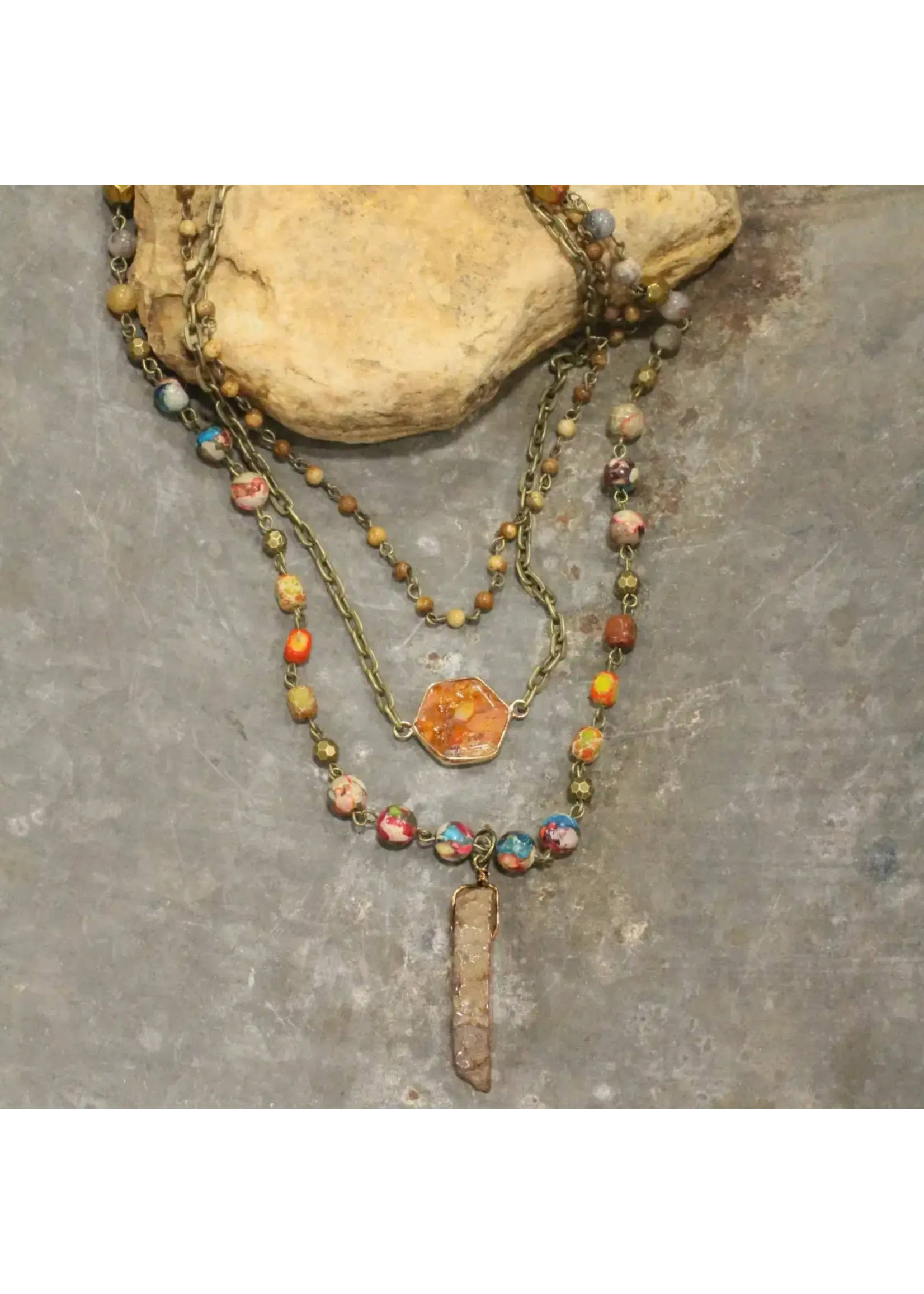 Primitive Peddler Bohemian Layered Rusty Orange Stone & Crystal Necklace