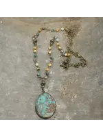 Primitive Peddler Stone & Rosary Chain Rich Teal/Chocolate Pendant Drop Necklace