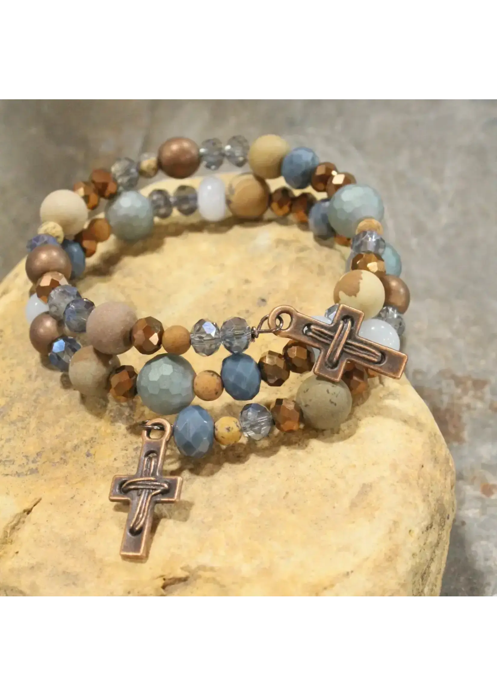Primitive Peddler Copper Cross & Stone Wrap Bracelet