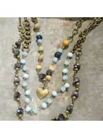 Primitive Peddler Shades Of Blue Czech heart layered Necklace
