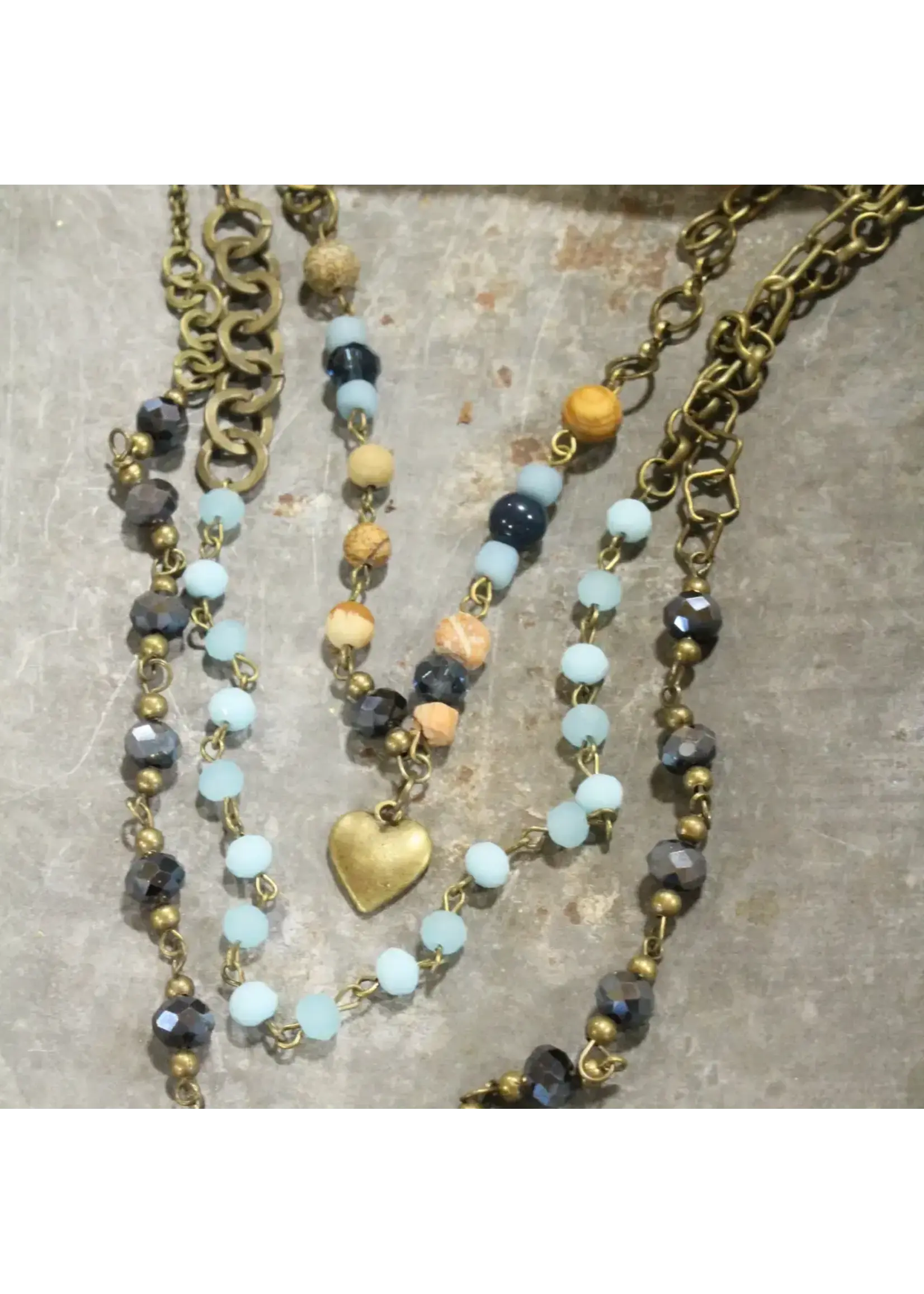 Primitive Peddler Shades Of Blue Czech heart layered Necklace