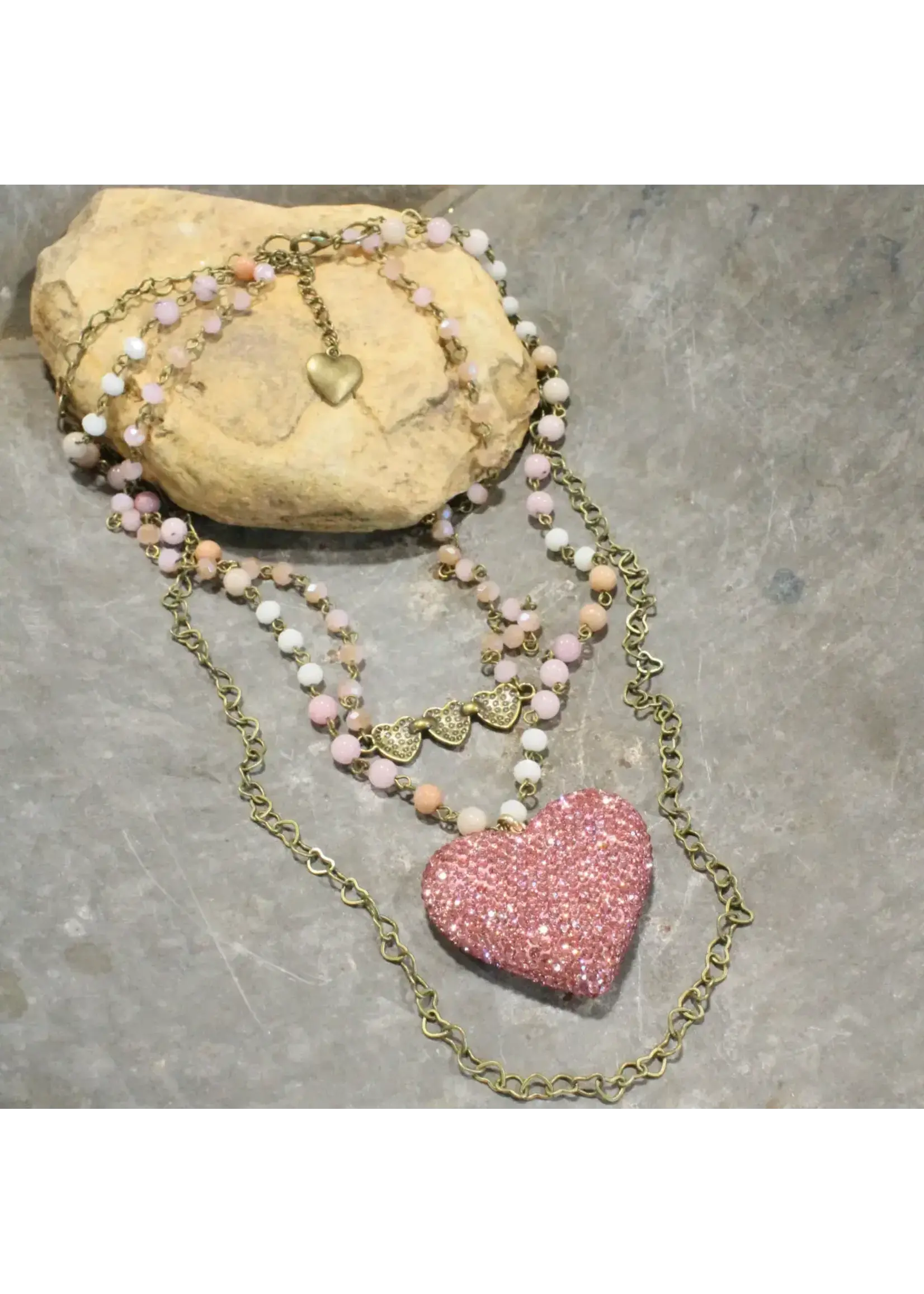 Primitive Peddler Triple Layered Sparkling Pink Heart Necklace