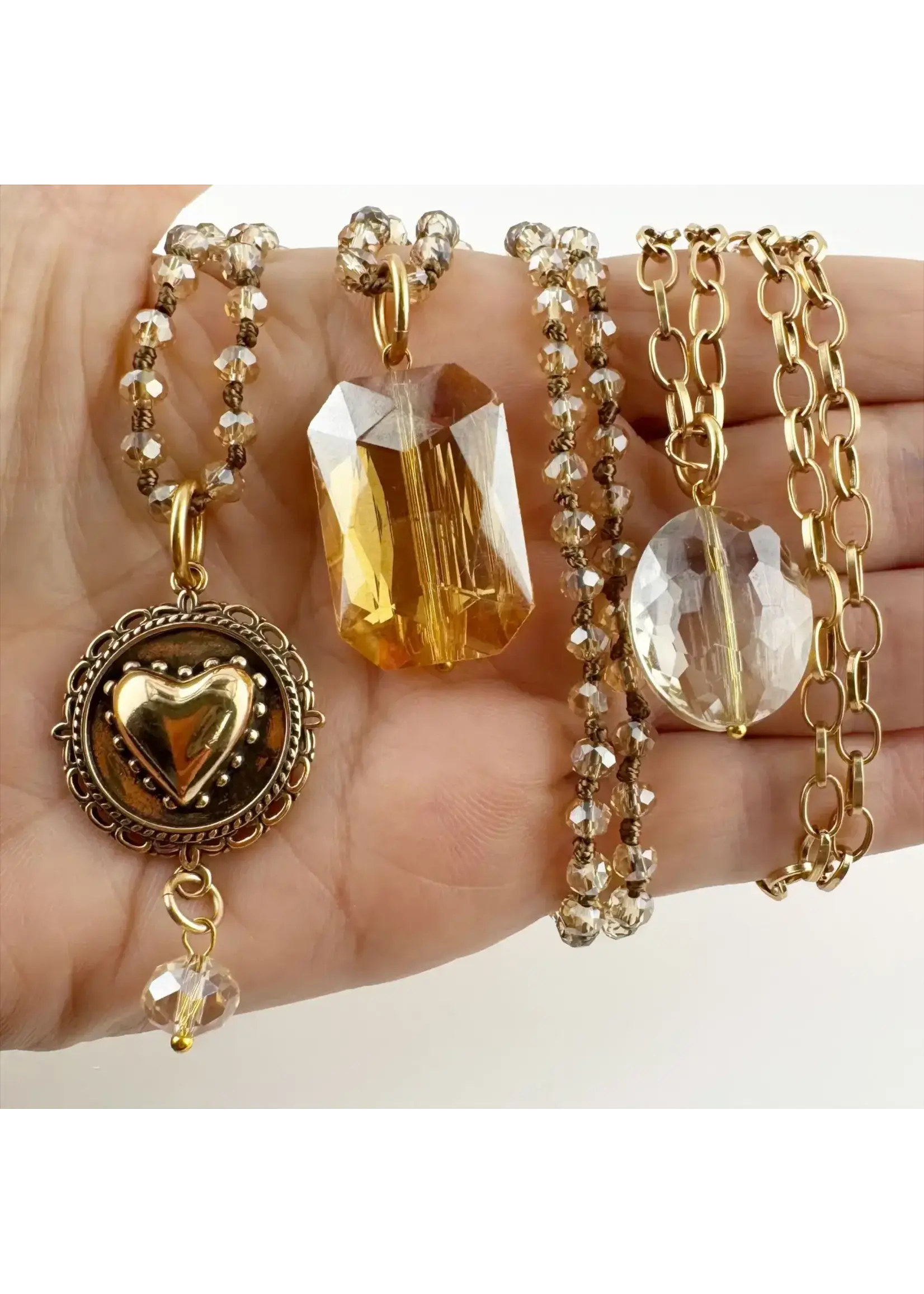 Katia Designs I Am Enough Heart Original Necklace (Gold Finish/Beige Crystal Beads)