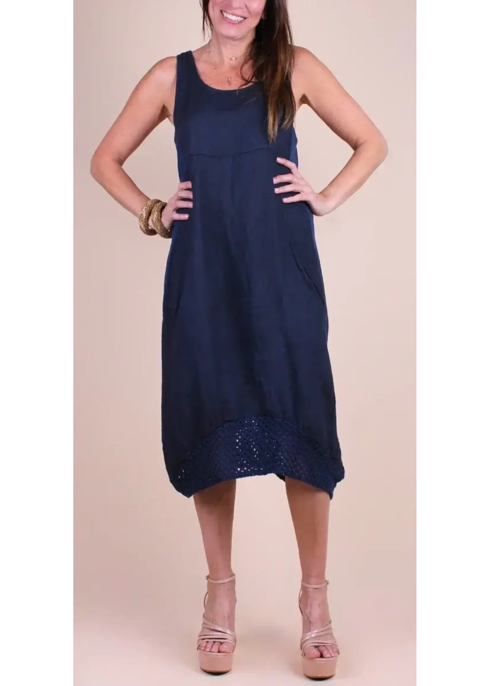 Gigi Moda Linen Sleeveless Dress w/Crochet Bottom (Navy) O/S
