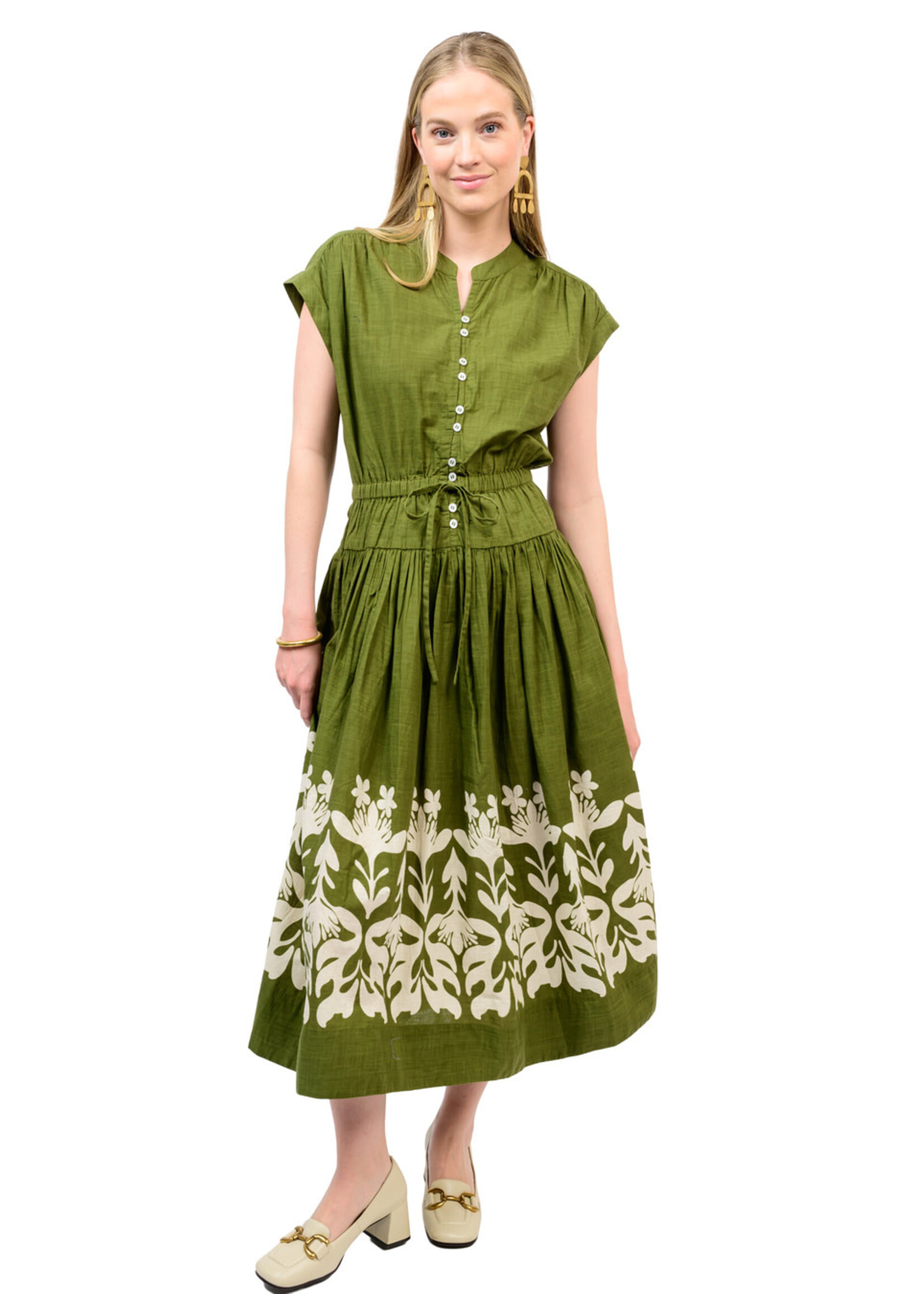 Uncle Frank Border Maxi Dress W/Drop Waist (Olive)