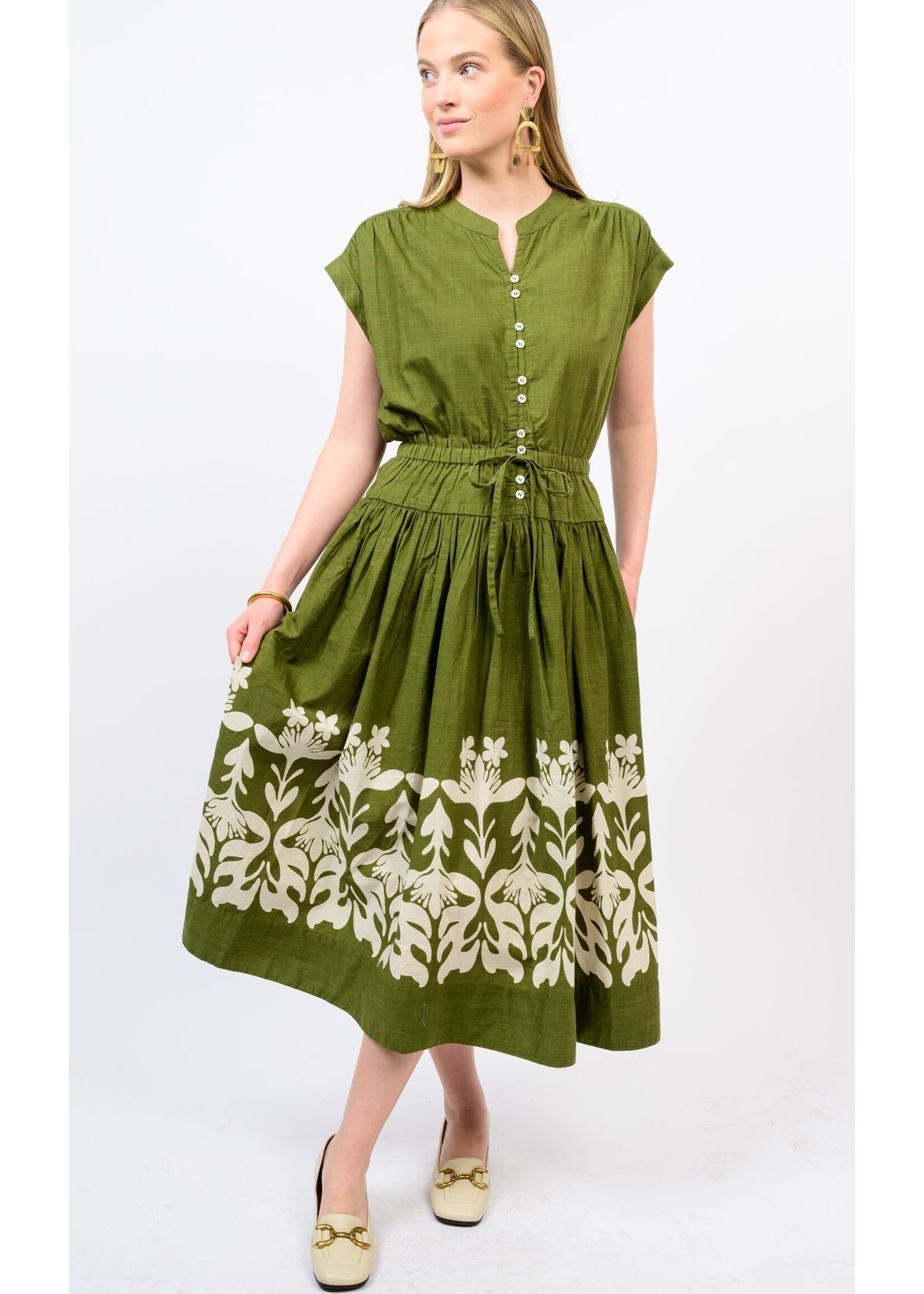 Uncle Frank Border Maxi Dress W/Drop Waist (Olive)