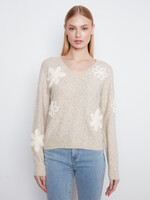 Charlie B V-Neck Sweater W/flower Applique (Amande Chiné)