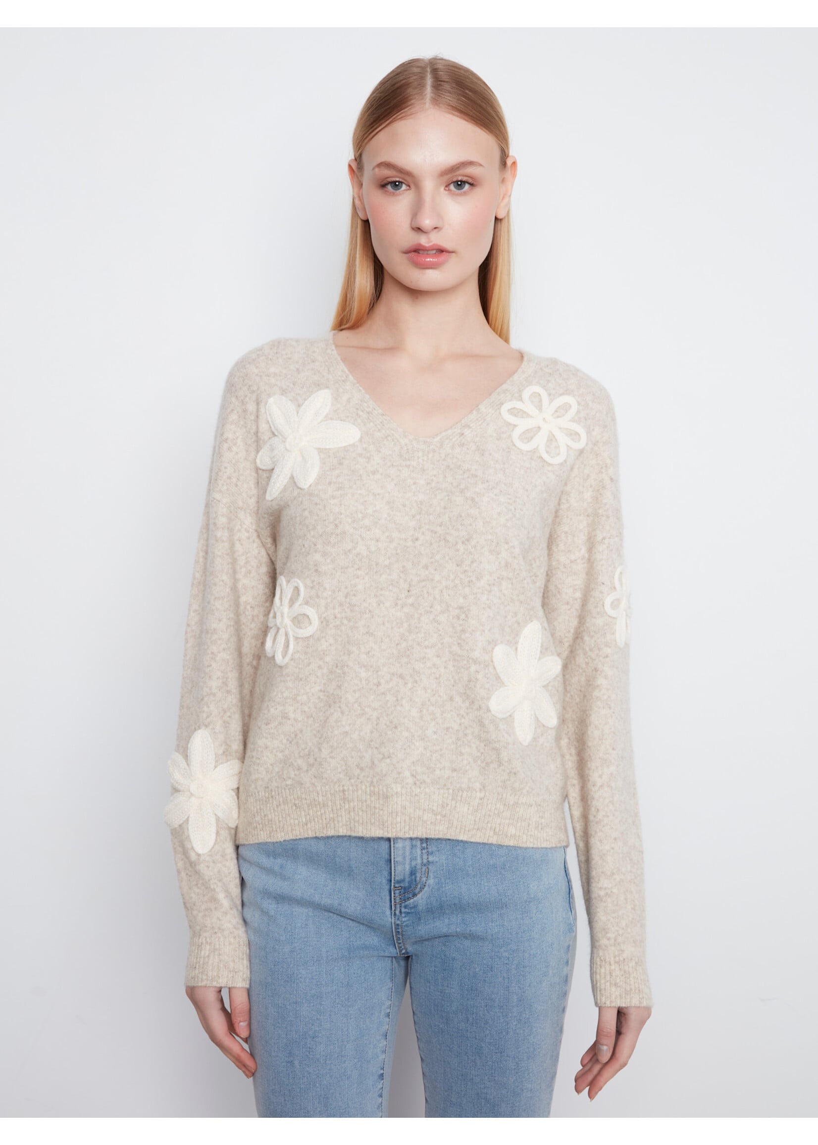 Charlie B V-Neck Sweater W/flower Applique (Amande Chiné)