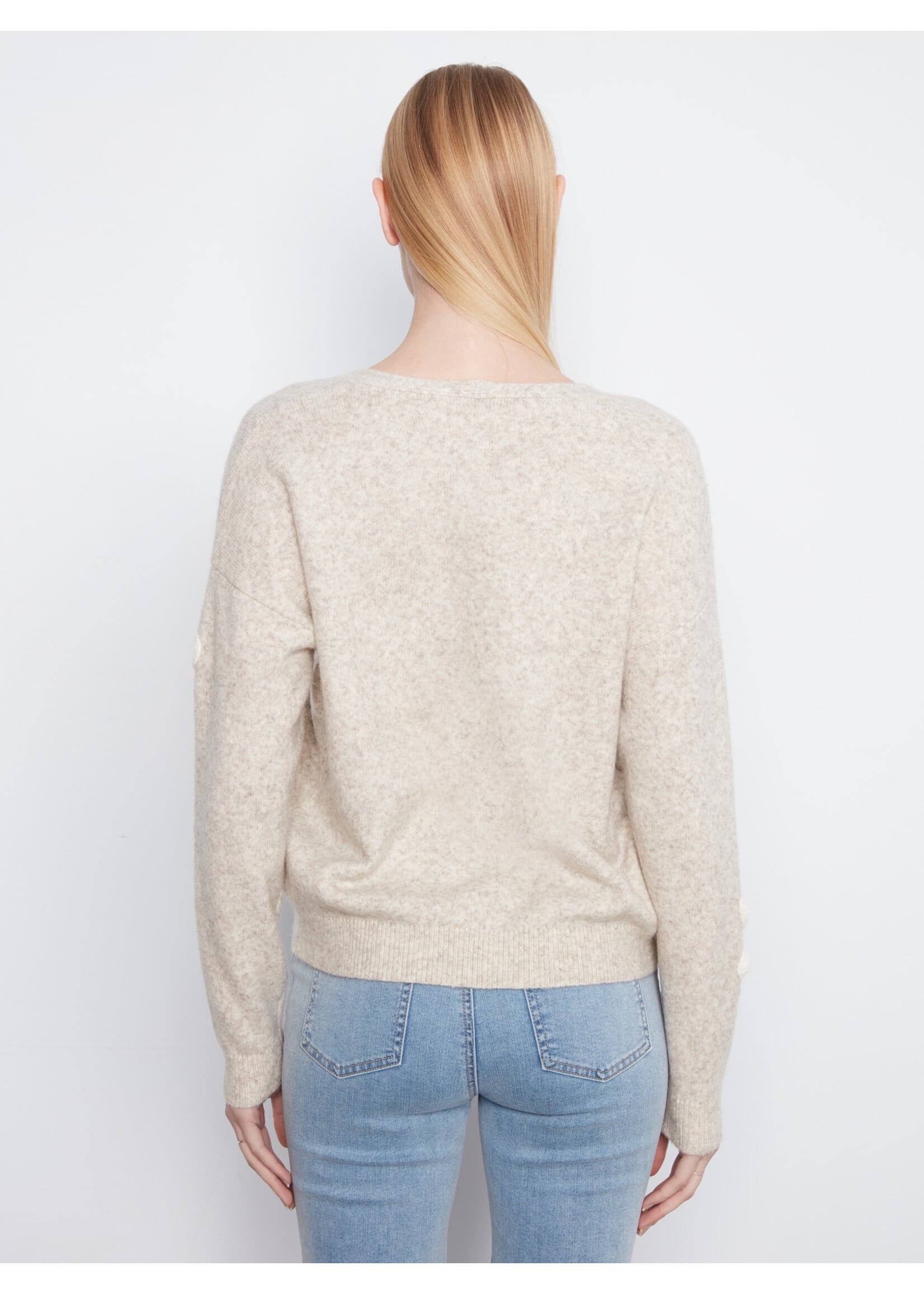 Charlie B V-Neck Sweater W/flower Applique (Amande Chiné)