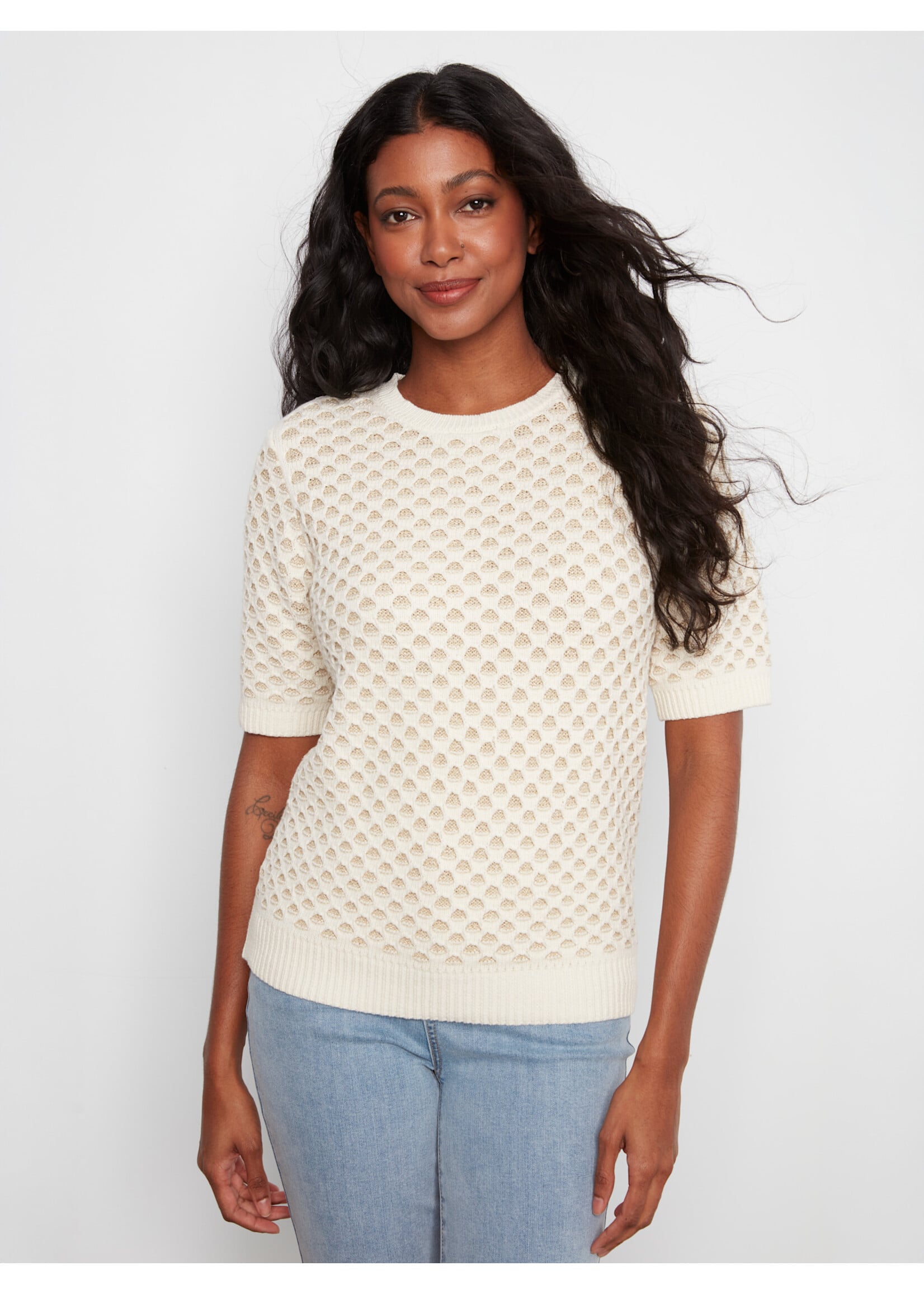 Charlie B Metallic Two Tone Sweater (Ecru)