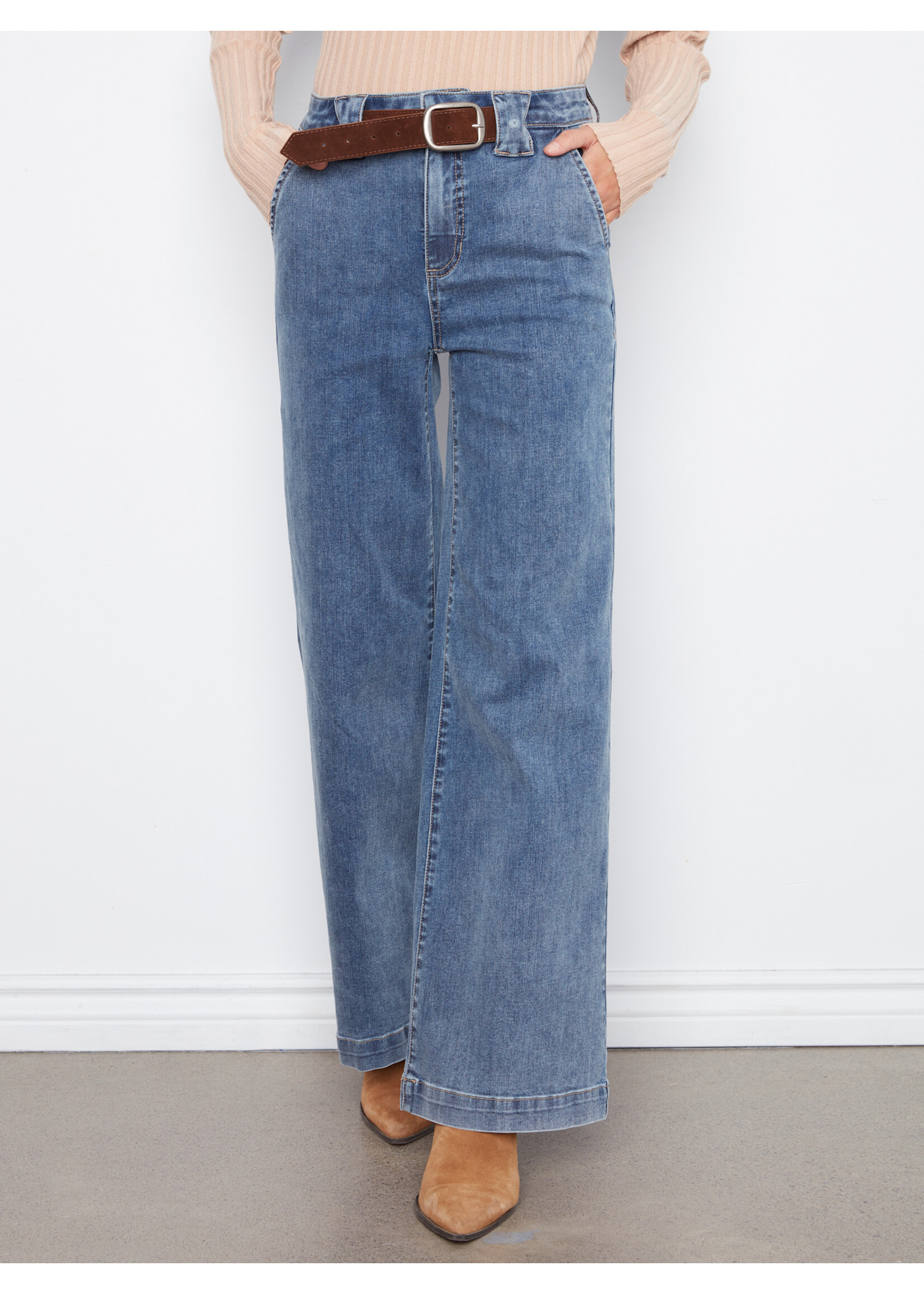 Charlie B Flare Wide Leg Pant/wBelt (Med Blue)