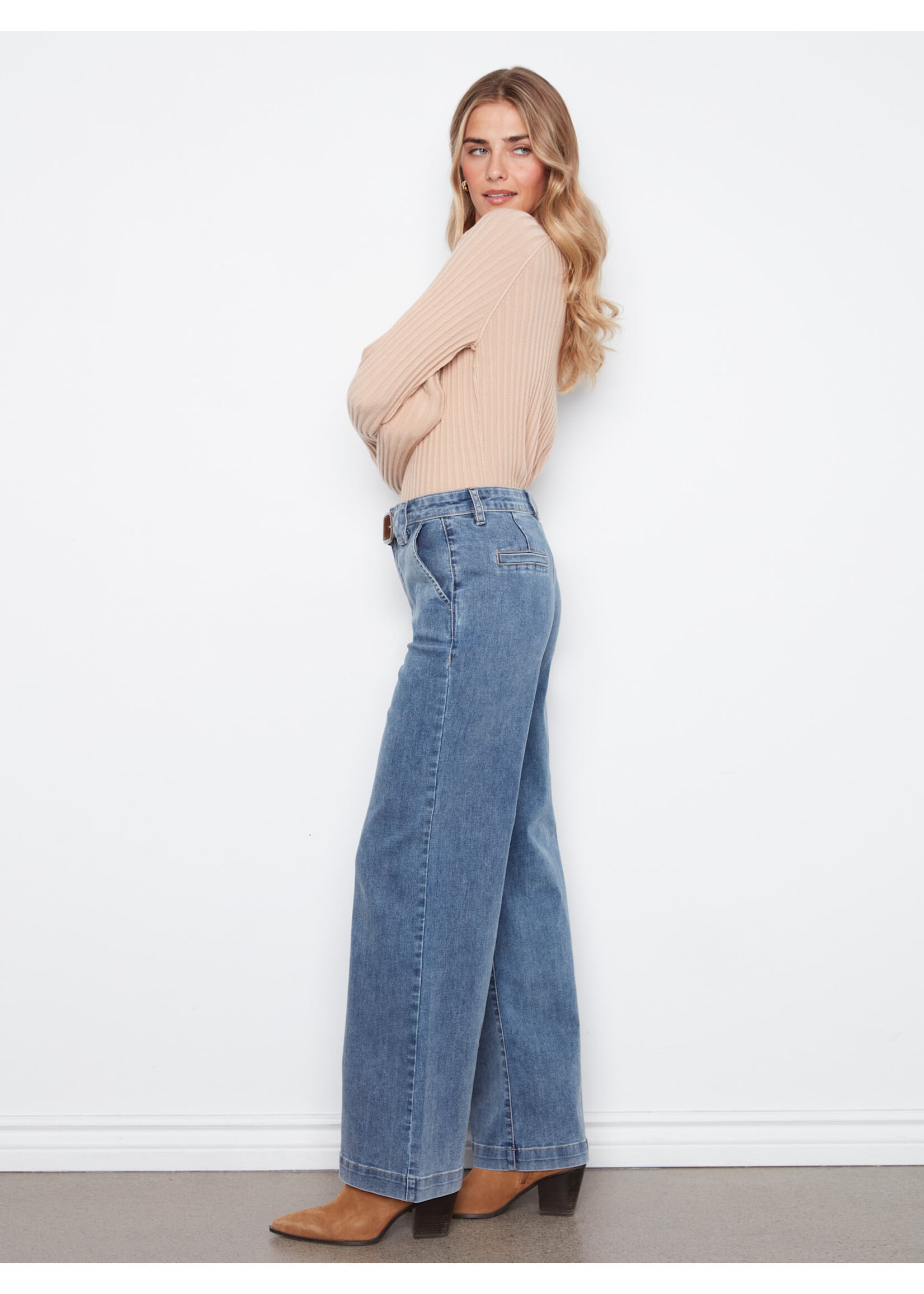 Charlie B Flare Wide Leg Pant/wBelt (Med Blue)