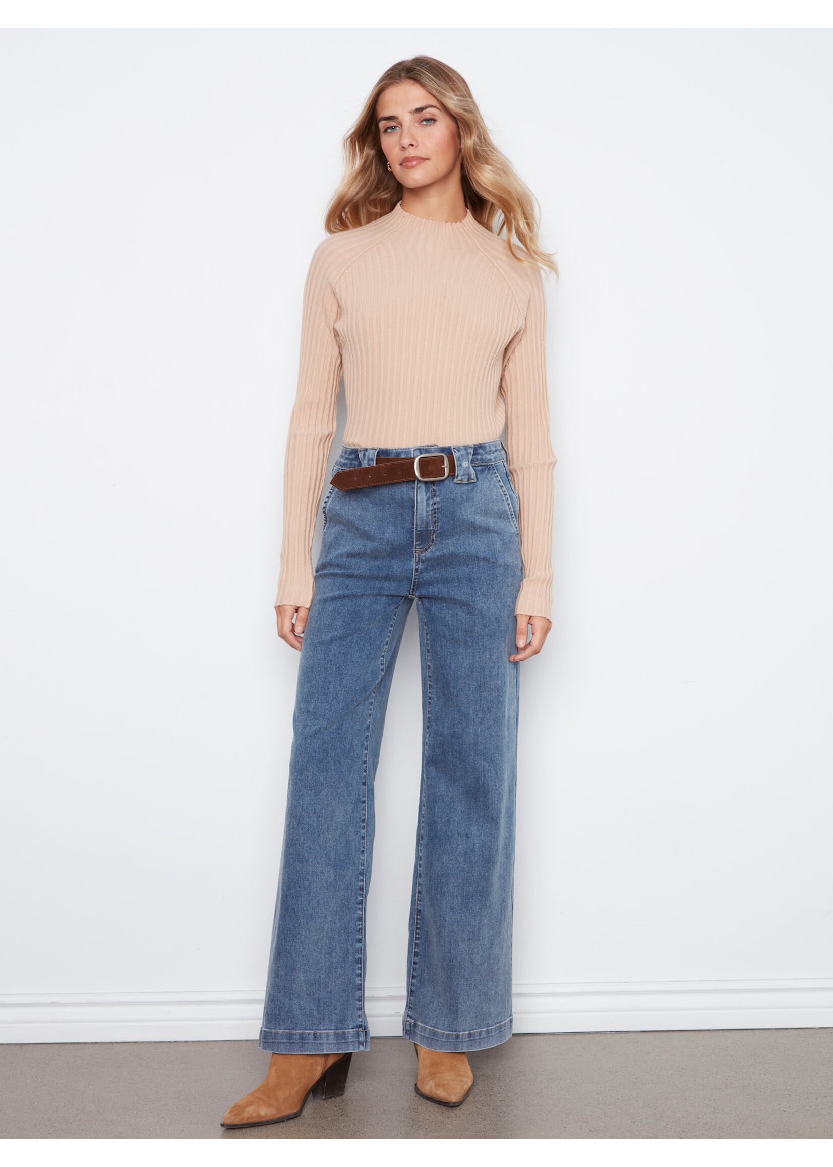 Charlie B Flare Wide Leg Pant/wBelt (Med Blue)