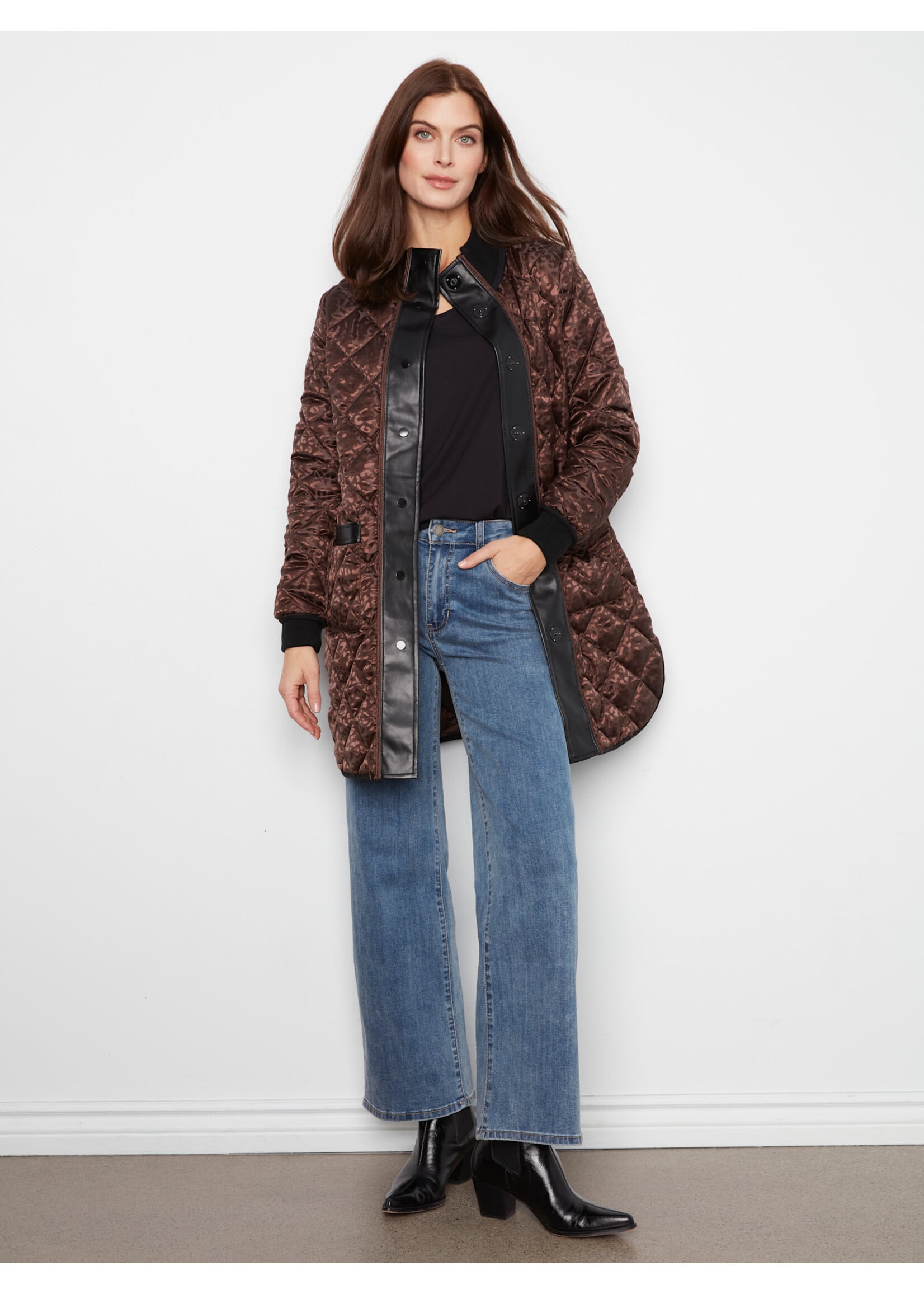 Charlie B Reversible Solid/Jacquard Quilted Puffer (Mocha)