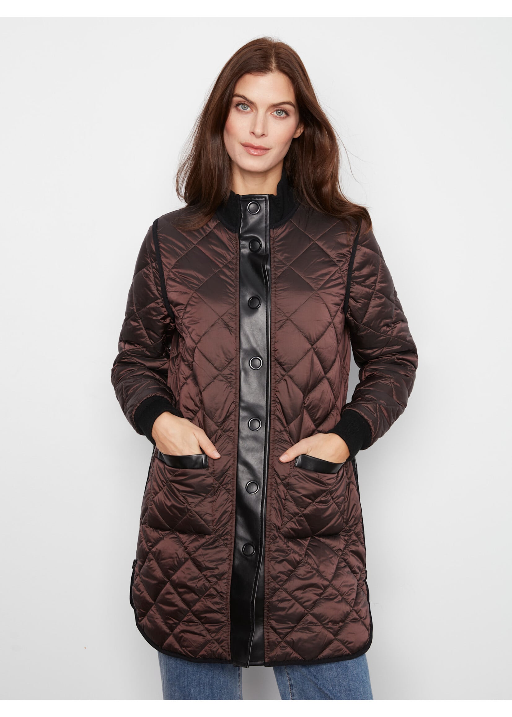Charlie B Reversible Solid/Jacquard Quilted Puffer (Mocha)