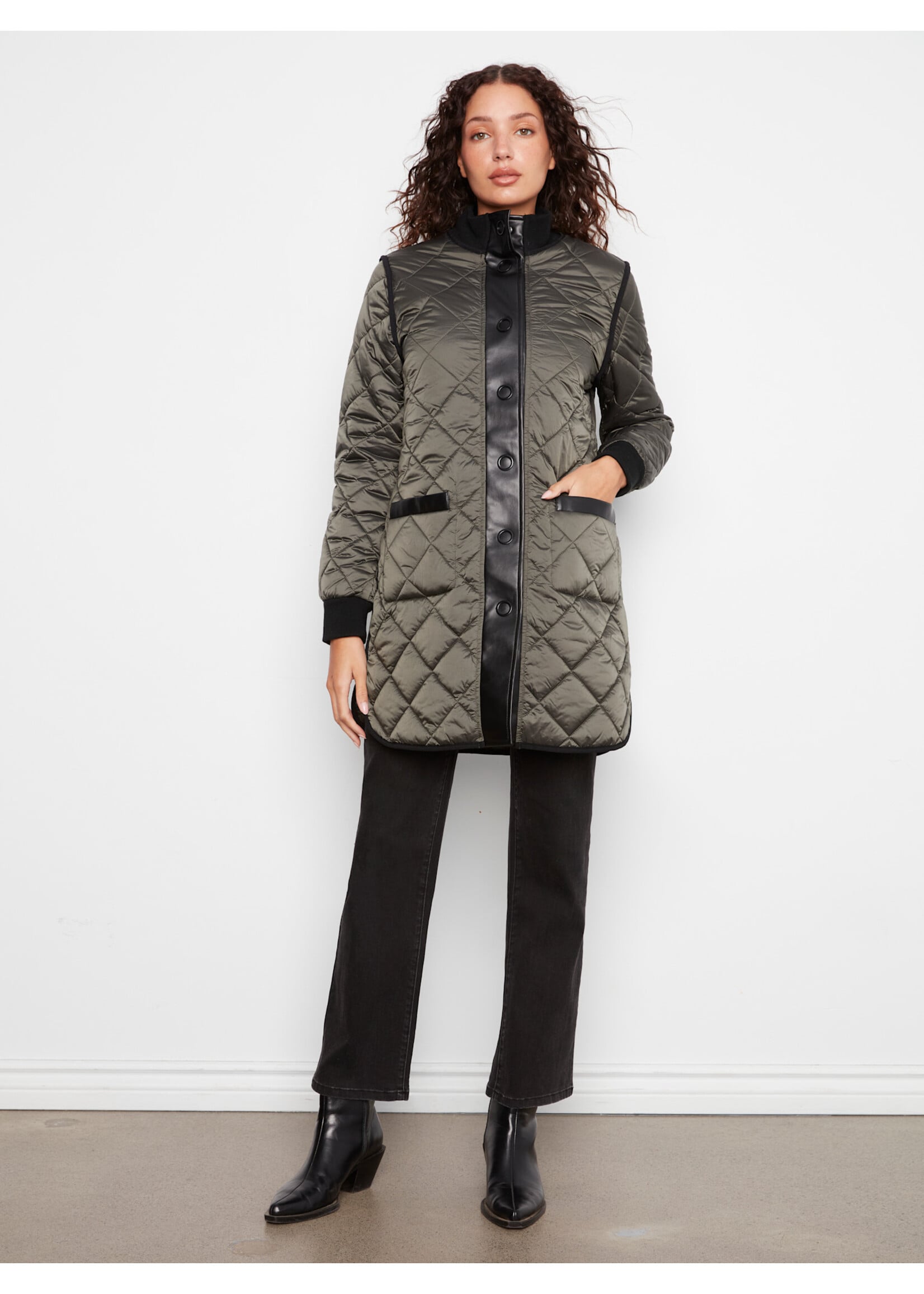 Charlie B Reversible Solid/Jacquard Quilted Puffer (Mocha)