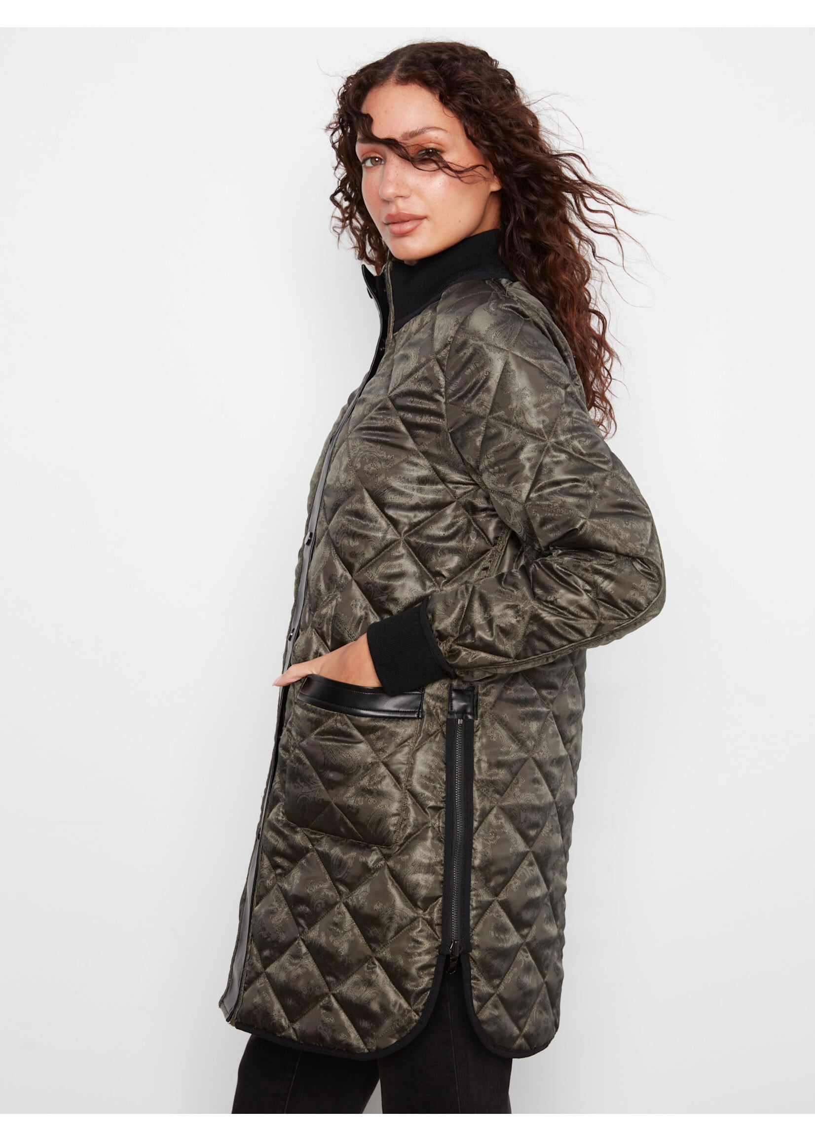 Charlie B Reversible Solid/Jacquard Quilted Puffer (Mocha)