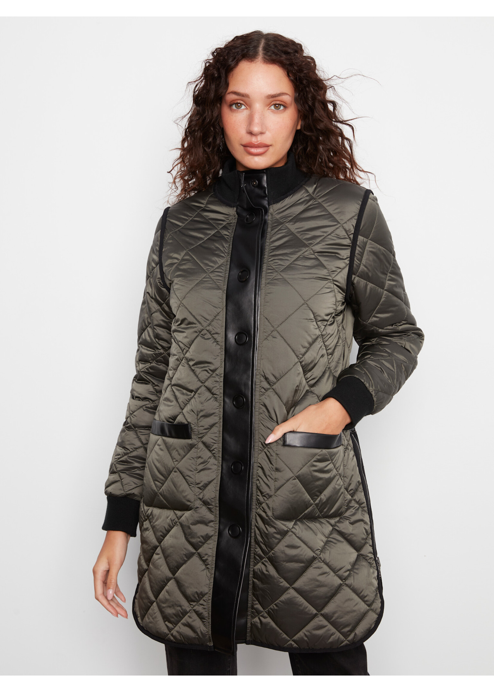 Charlie B Reversible Solid/Jacquard Quilted Puffer (Mocha)