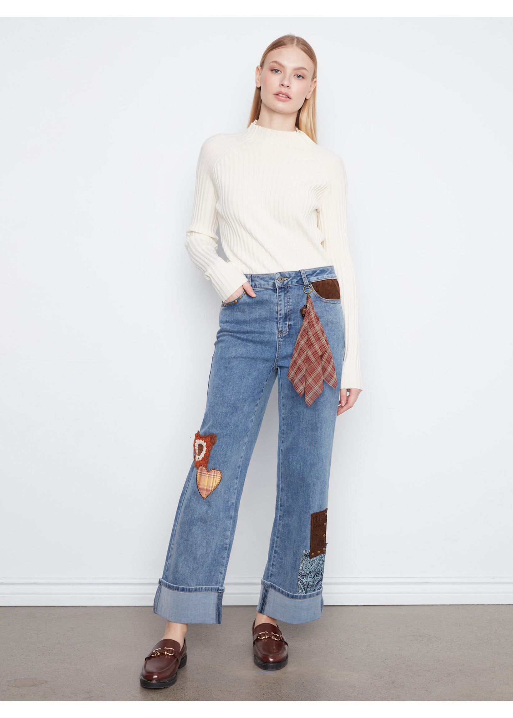 Charlie B Cuffed Pant W/Patches & Studs (Med Blue)