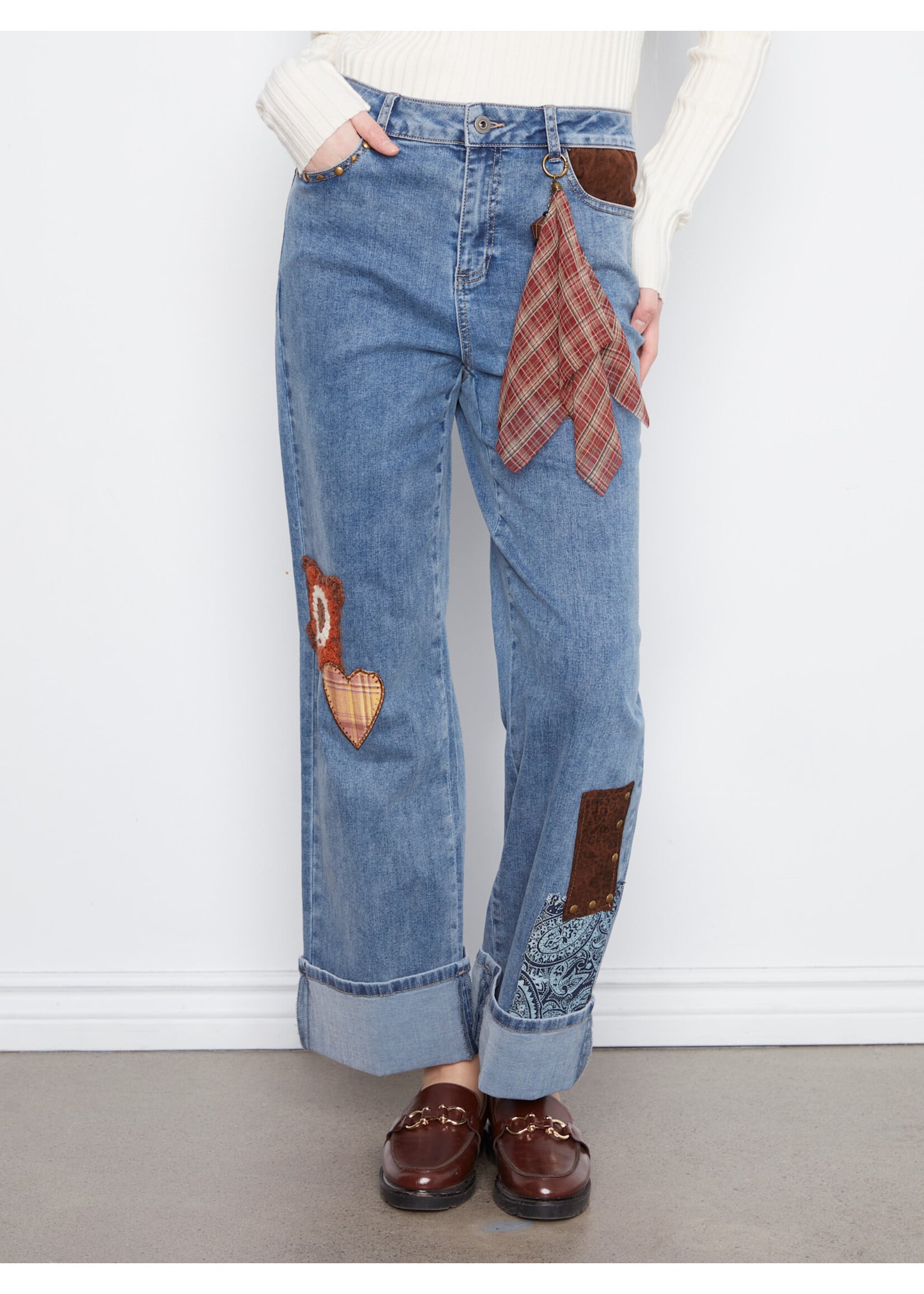 Charlie B Cuffed Pant W/Patches & Studs (Med Blue)