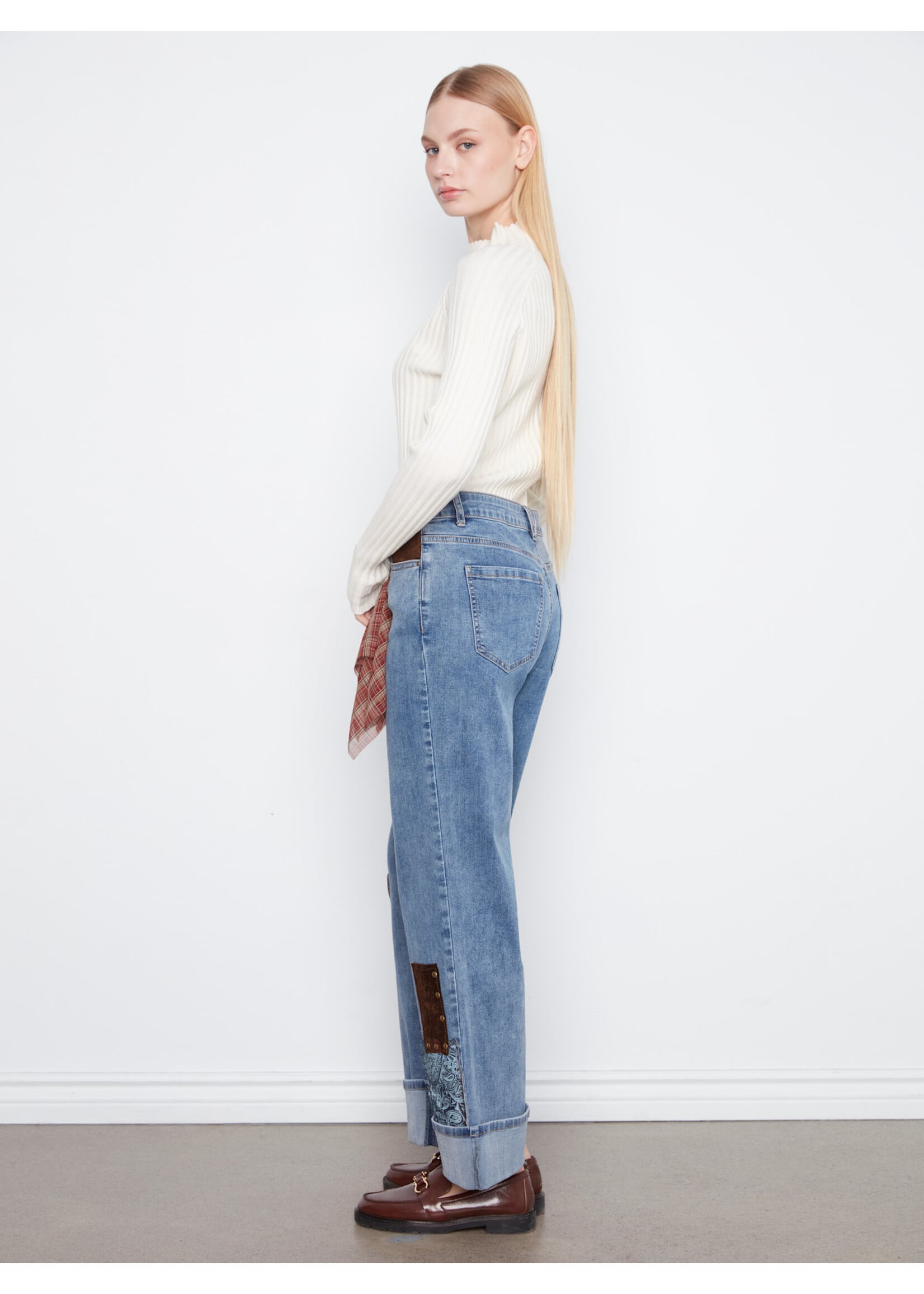 Charlie B Cuffed Pant W/Patches & Studs (Med Blue)