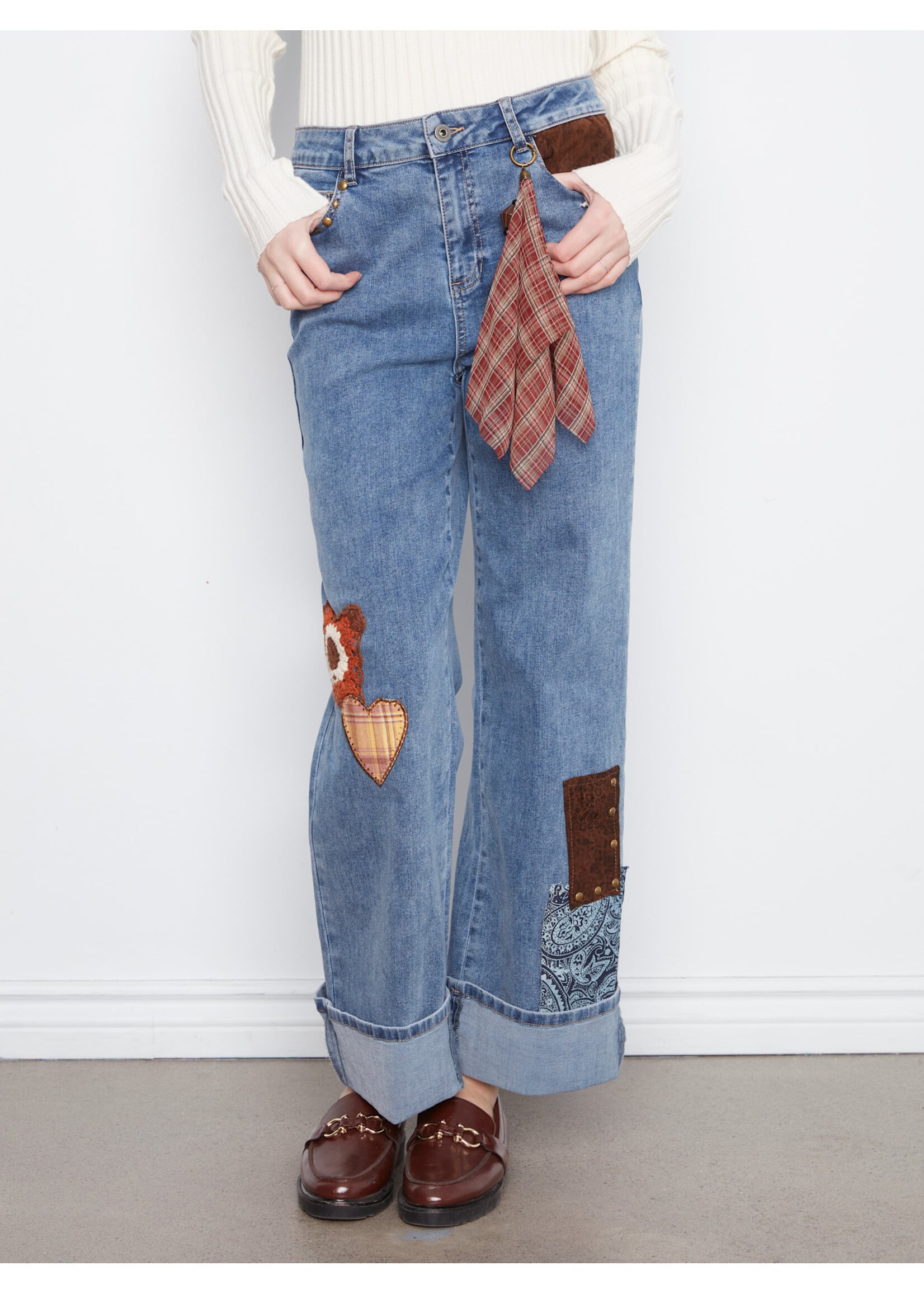 Charlie B Cuffed Pant W/Patches & Studs (Med Blue)