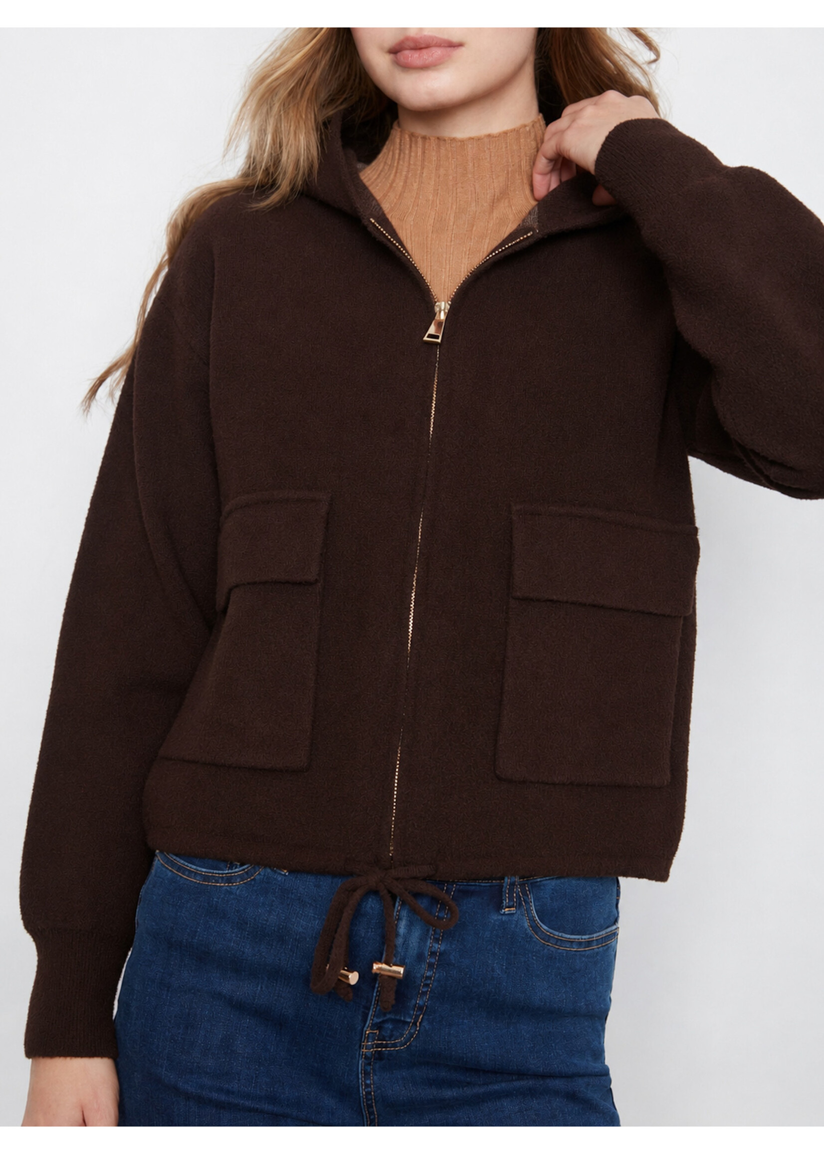 Charlie B Zipper Front Hoodie W/Patch Pockets (Coffee)