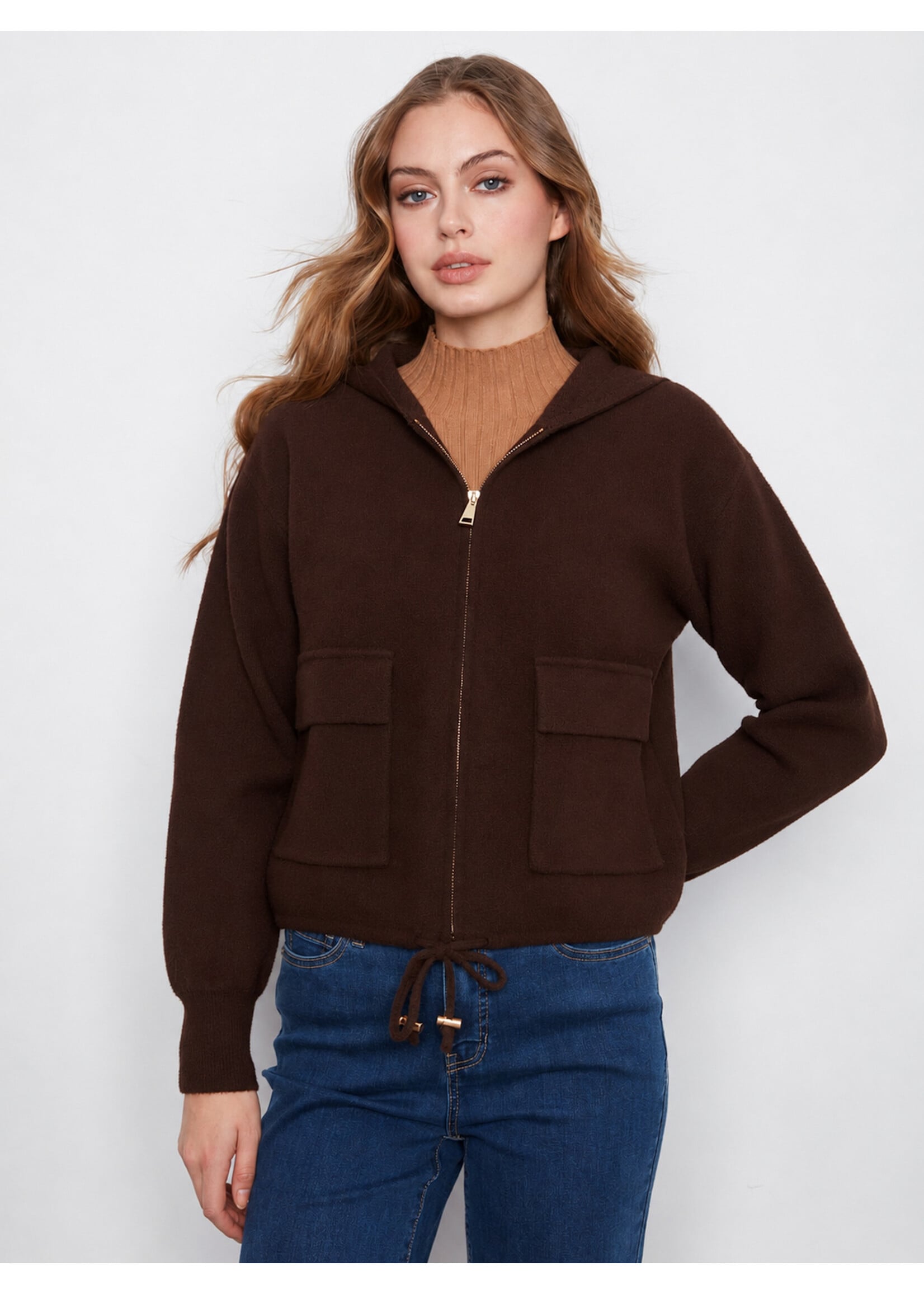 Charlie B Zipper Front Hoodie W/Patch Pockets (Coffee)