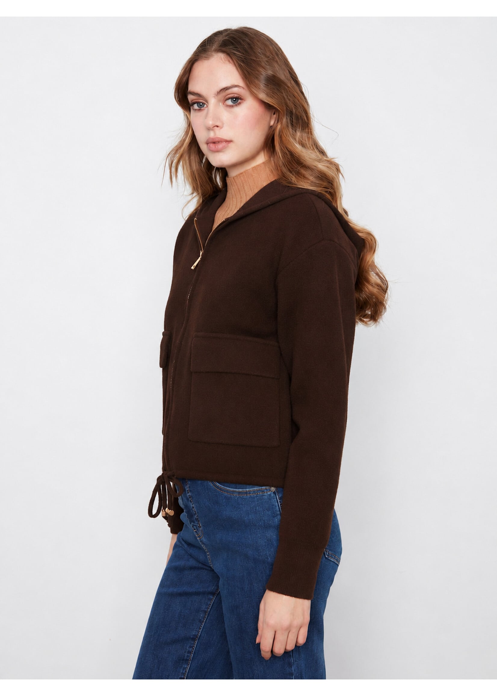 Charlie B Zipper Front Hoodie W/Patch Pockets (Coffee)