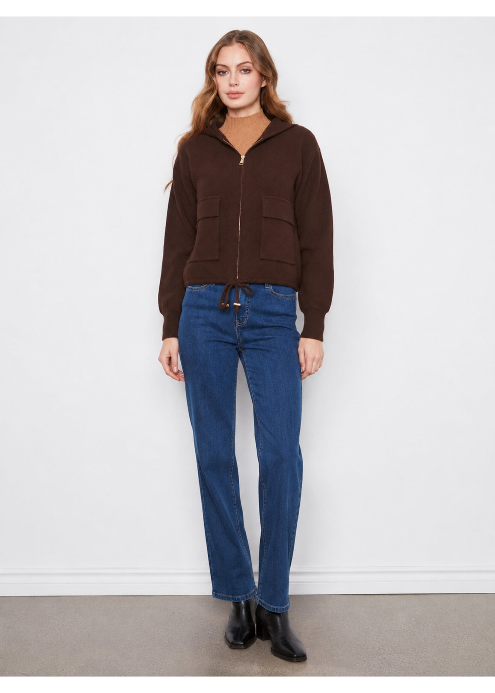 Charlie B Zipper Front Hoodie W/Patch Pockets (Coffee)