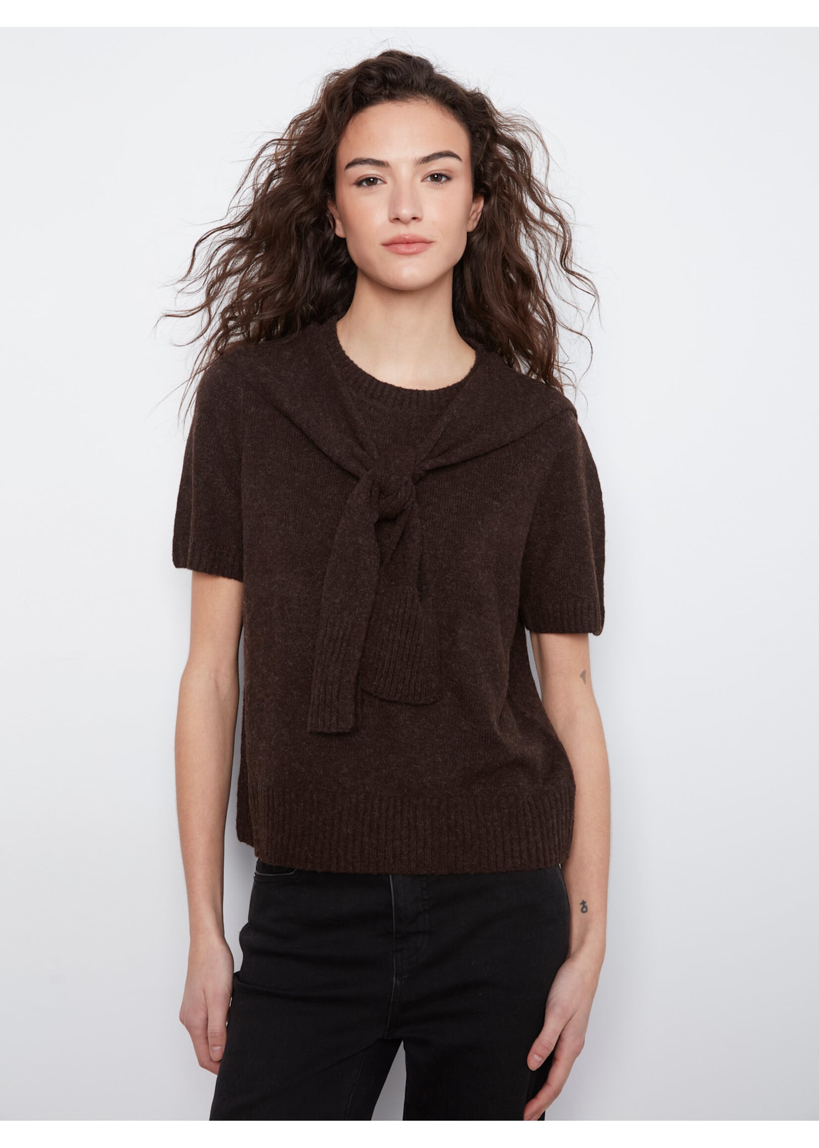 Charlie B Crew Neck Sweater w/Sleeve Detail (Coffee)