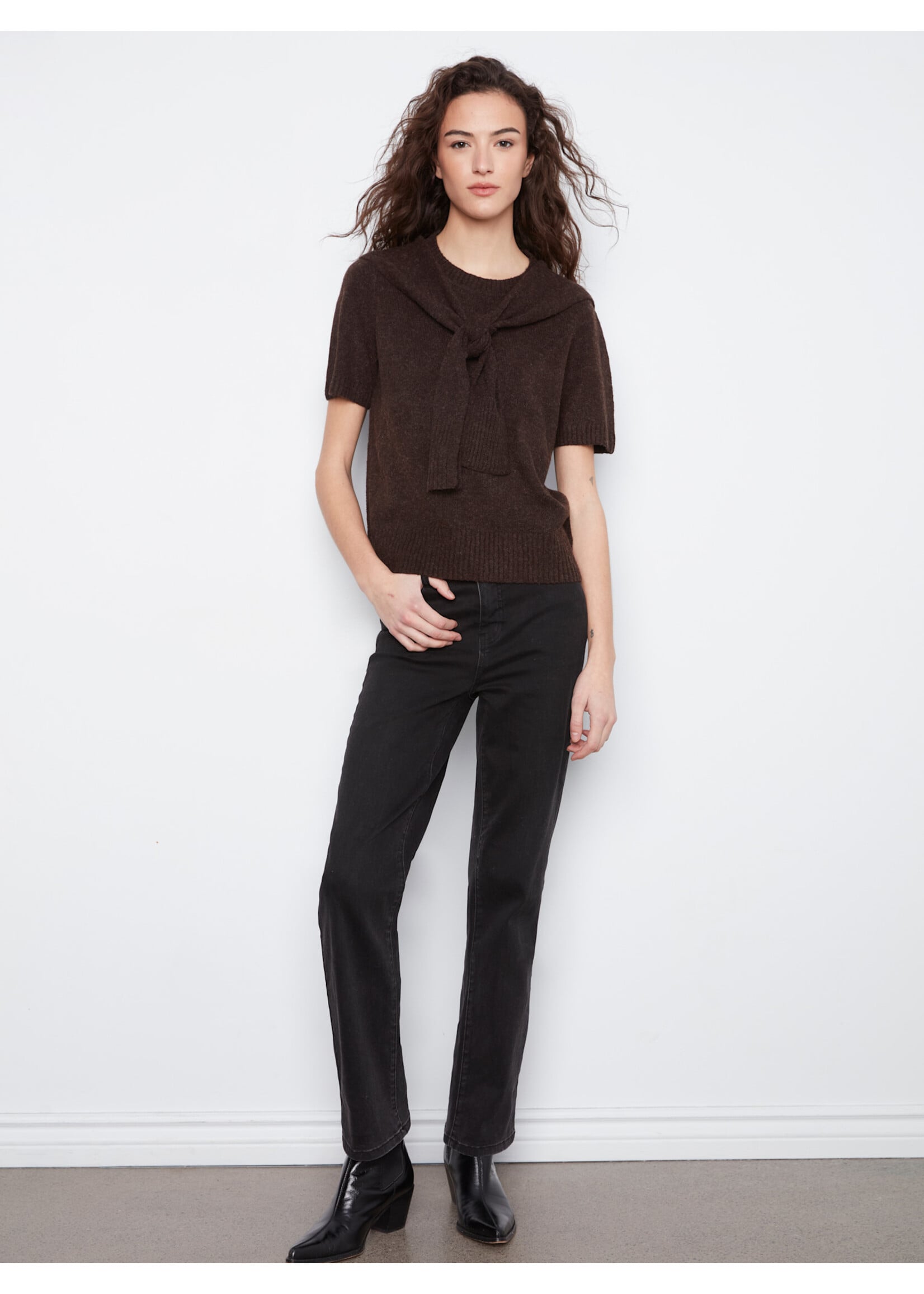 Charlie B Crew Neck Sweater w/Sleeve Detail (Coffee)