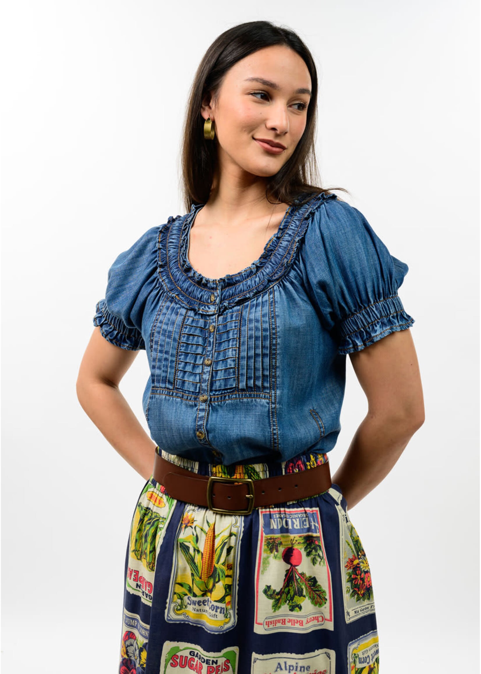 Ivy Jane Denim Ruffled Neck Top (Indigo)