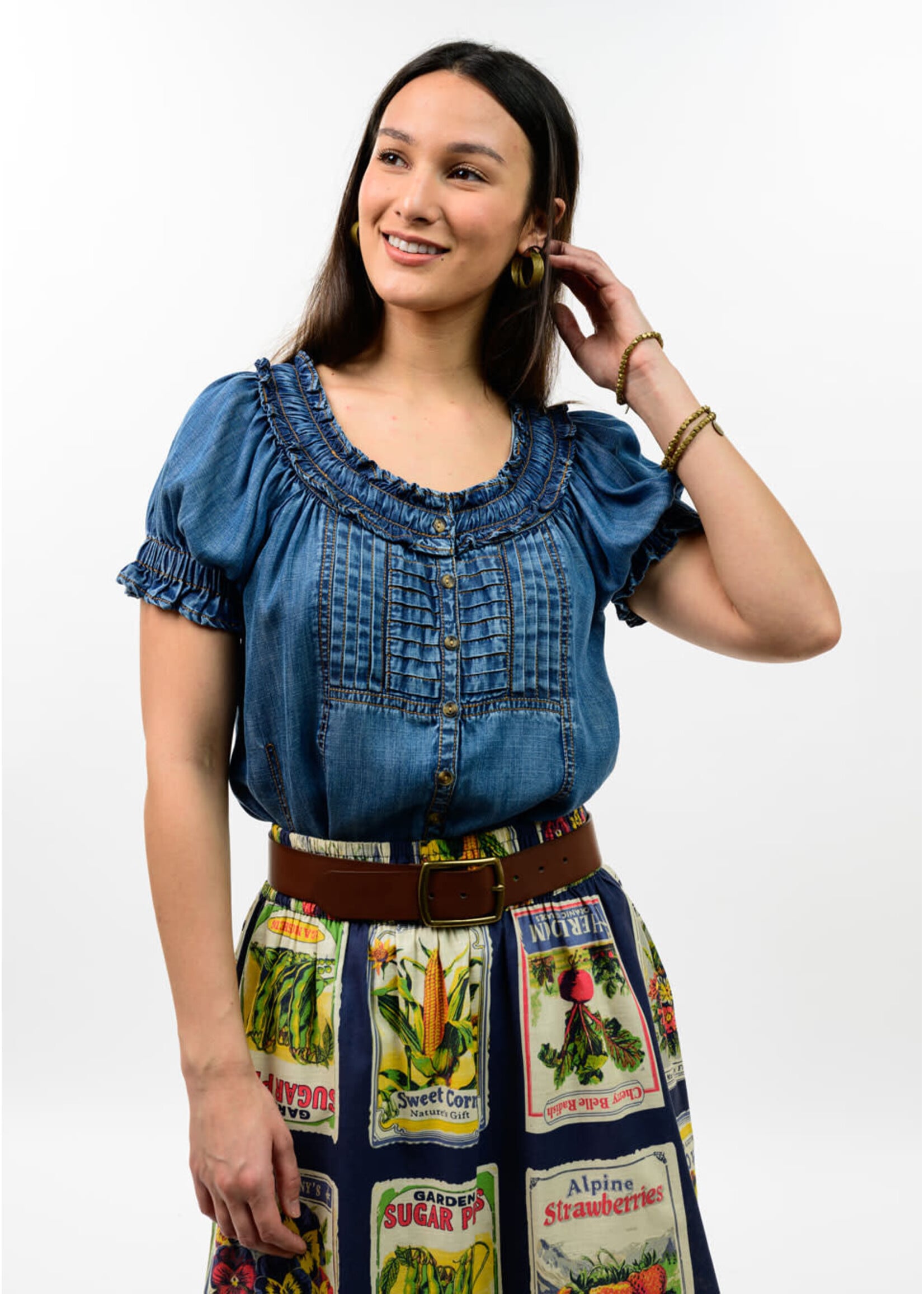 Ivy Jane Denim Ruffled Neck Top (Indigo)