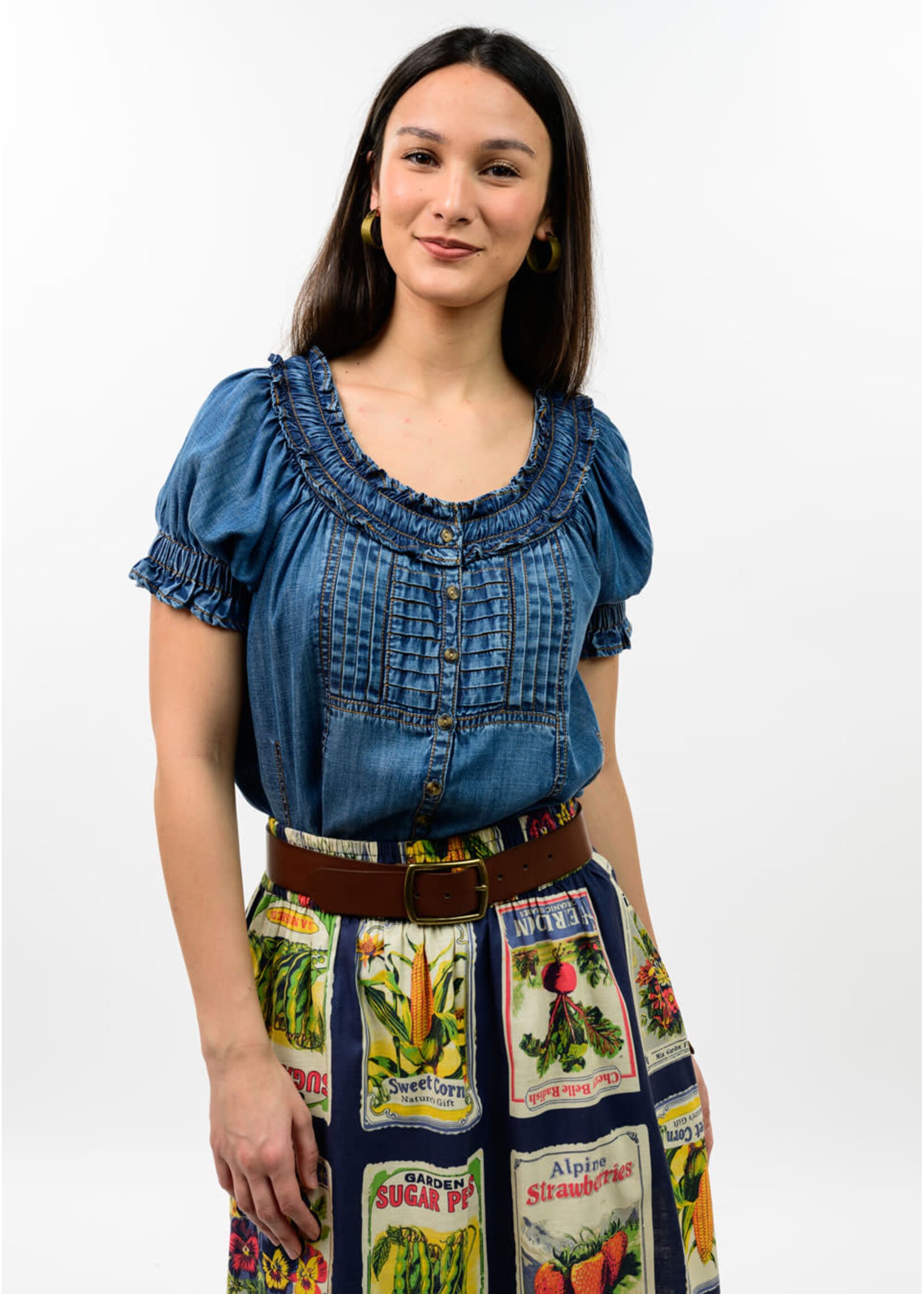 Ivy Jane Denim Ruffled Neck Top (Indigo)